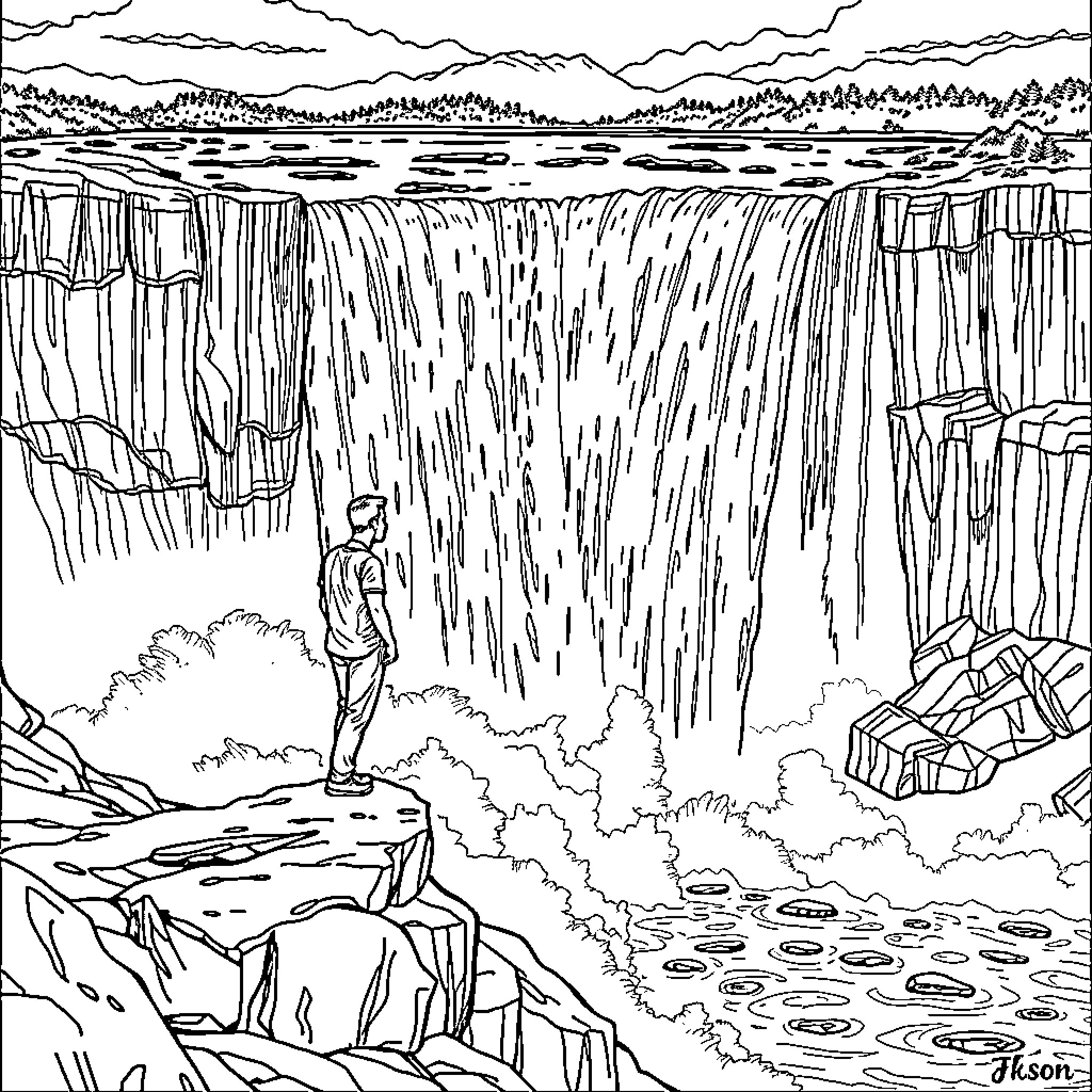 Man admiring the majestic waterfall from the rocky cliff Coloring Page (free black-and-white line drawing printable PDF for all, from beginners to advanced learners, including children, teens, adults, and seniors)
