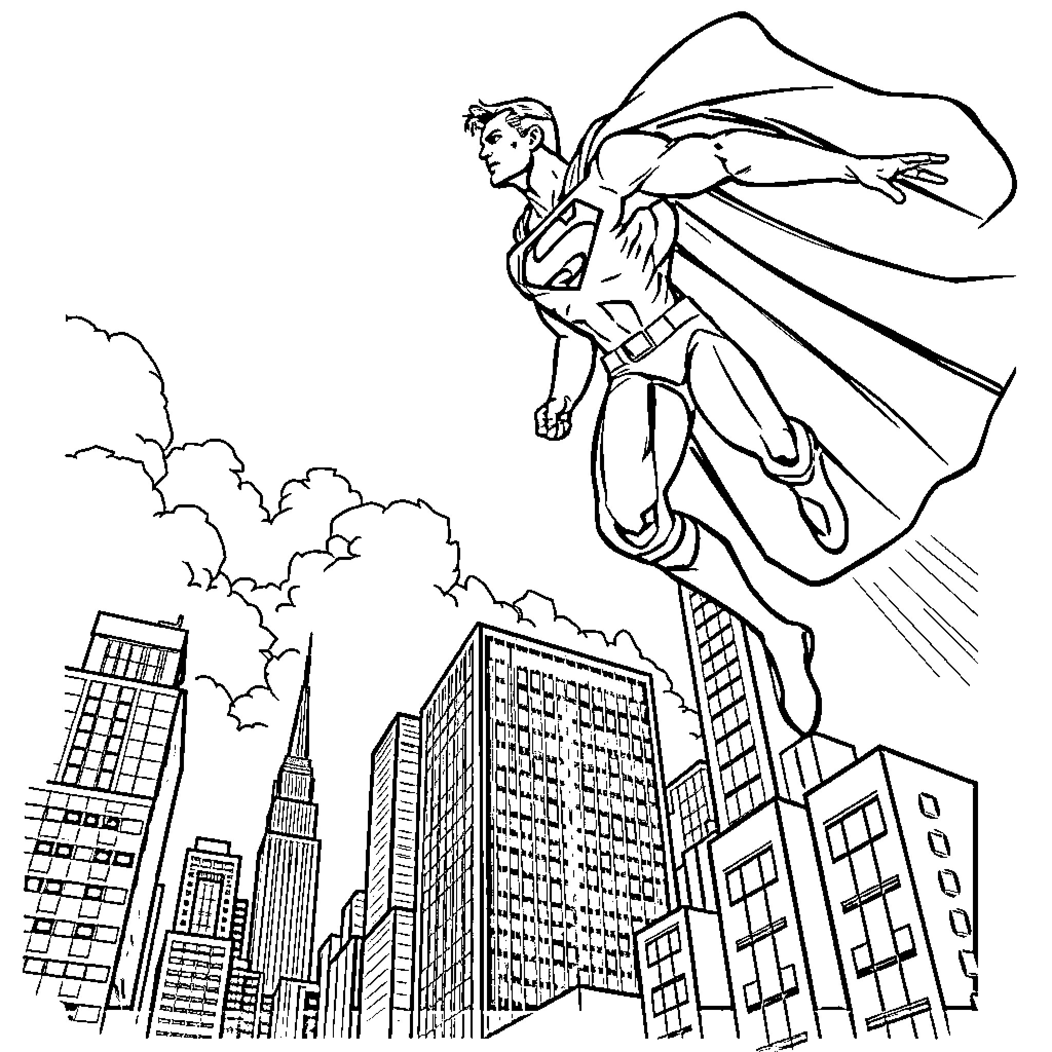Superman flying over the city skyline Coloring Page (free black-and-white line drawing printable PDF for all, from beginners to advanced learners, including children, teens, adults, and seniors)