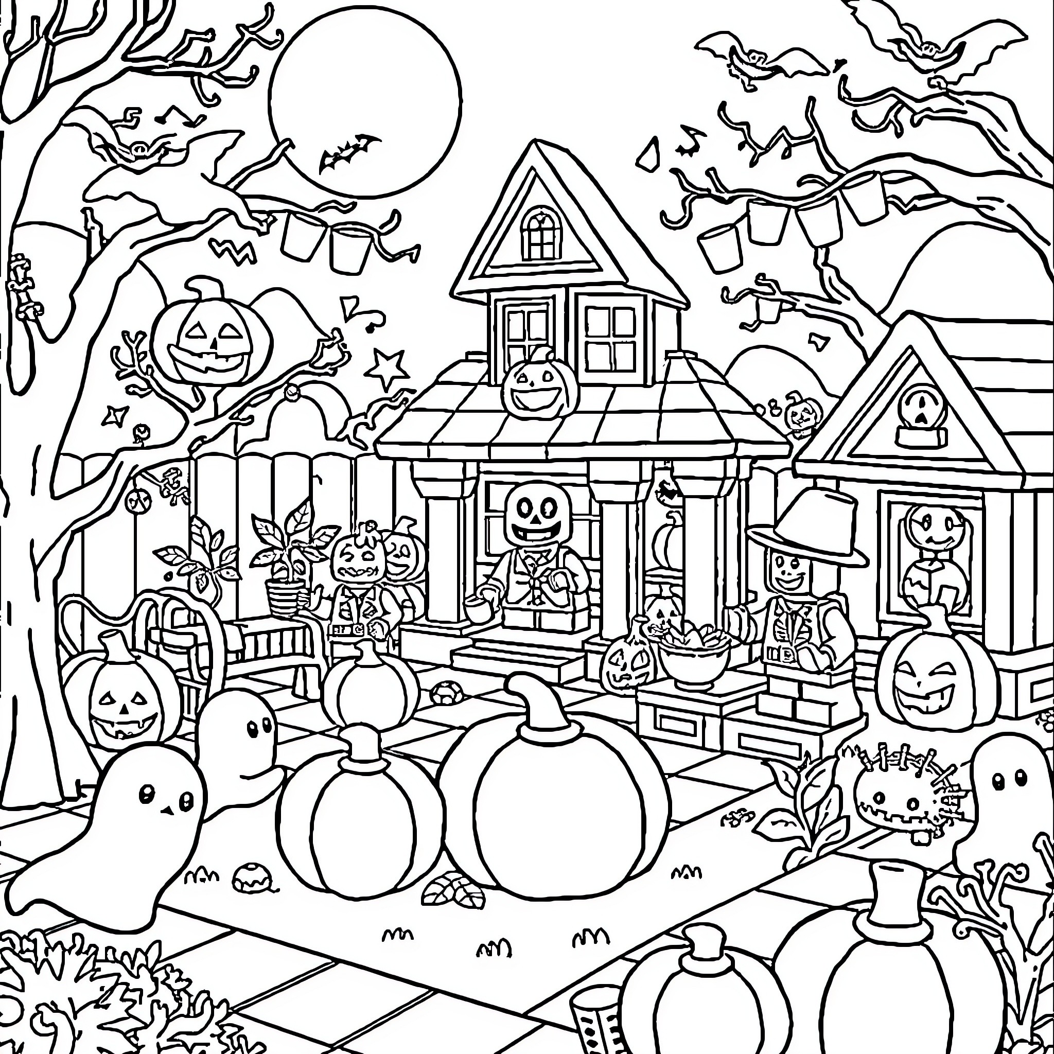 Lego spooky Halloween scene with haunted house Coloring Page (free black-and-white line drawing printable PDF for all, from beginners to advanced learners, including children, teens, adults, and seniors)
