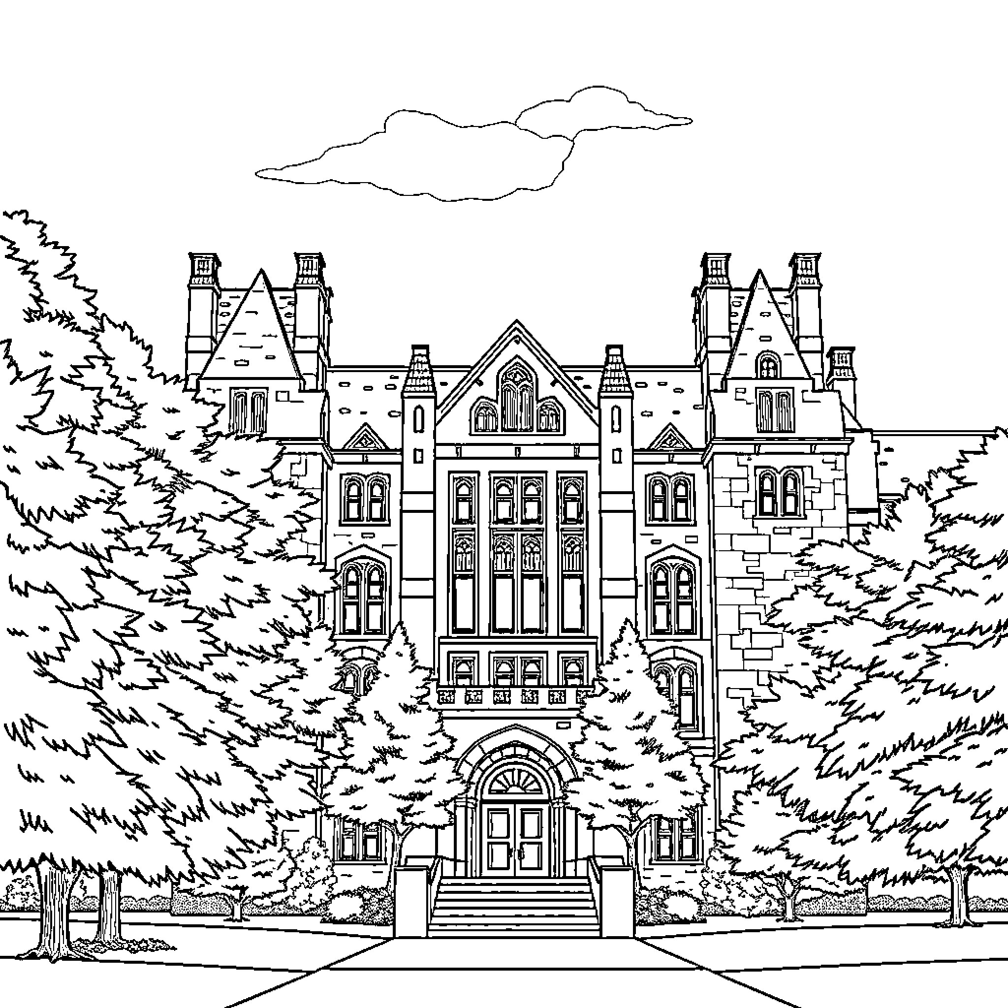 Brookings Hall - Historic Gothic architecture in a lush setting Coloring Page (free black-and-white line drawing printable PDF for all, from beginners to advanced learners, including children, teens, adults, and seniors)