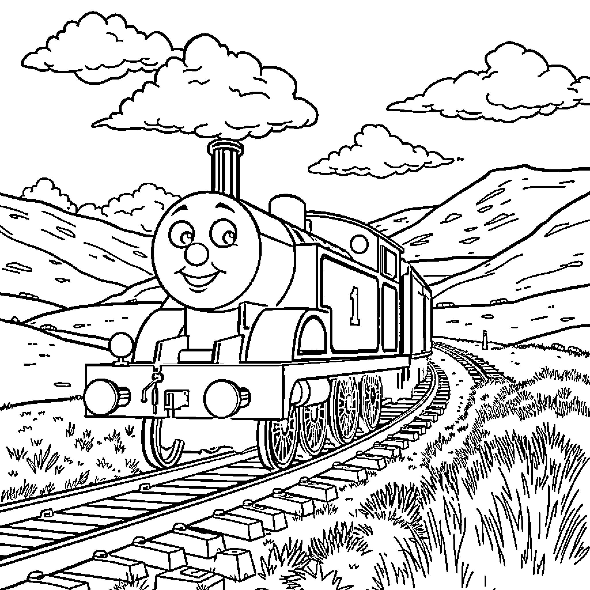 Thomas the Train Engine Chugging Through Scenic Landscape Coloring Page (free black-and-white line drawing printable PDF for all, from beginners to advanced learners, including children, teens, adults, and seniors)