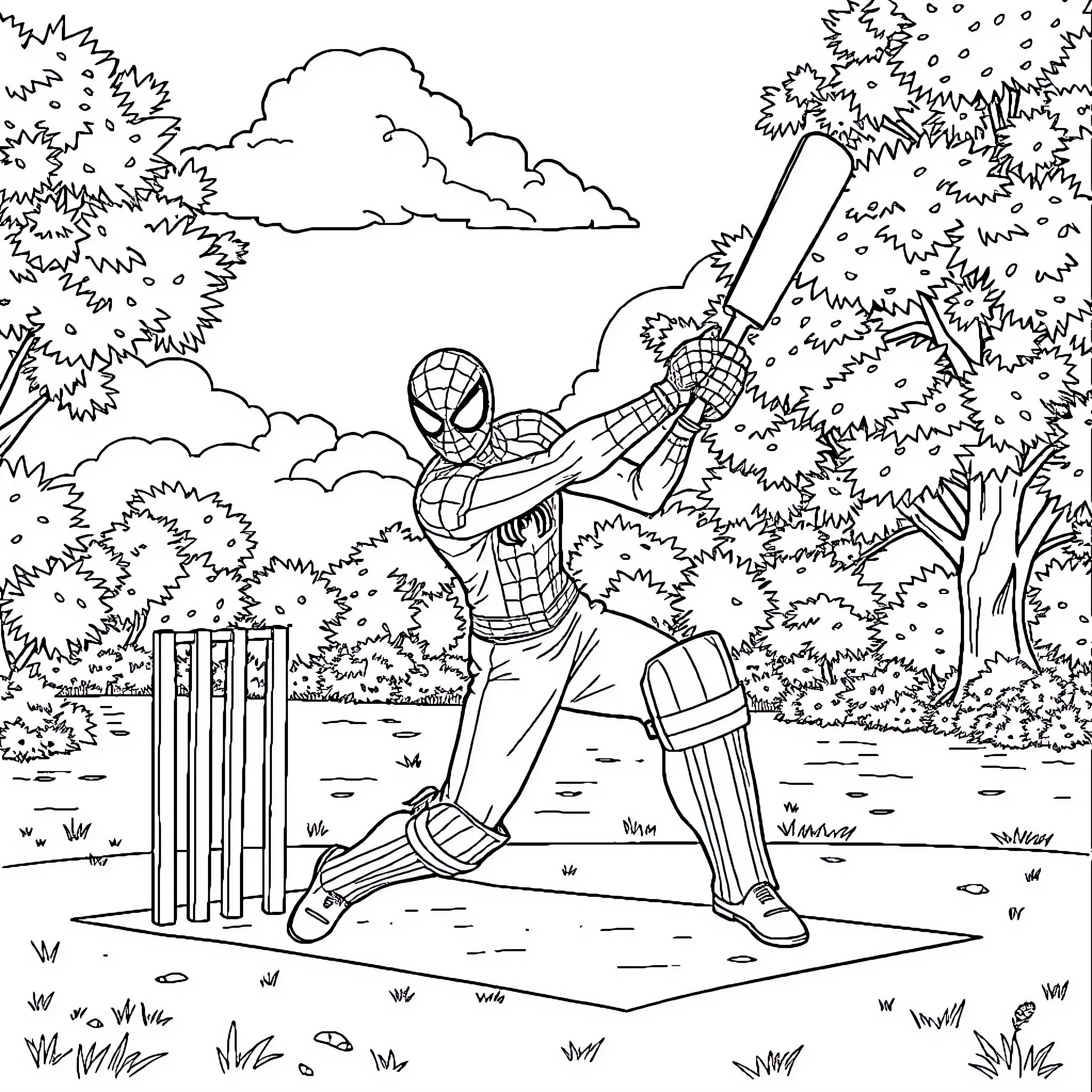 Spiderman playing cricket in the park Coloring Page (free black-and-white line drawing printable PDF for all, from beginners to advanced learners, including children, teens, adults, and seniors)