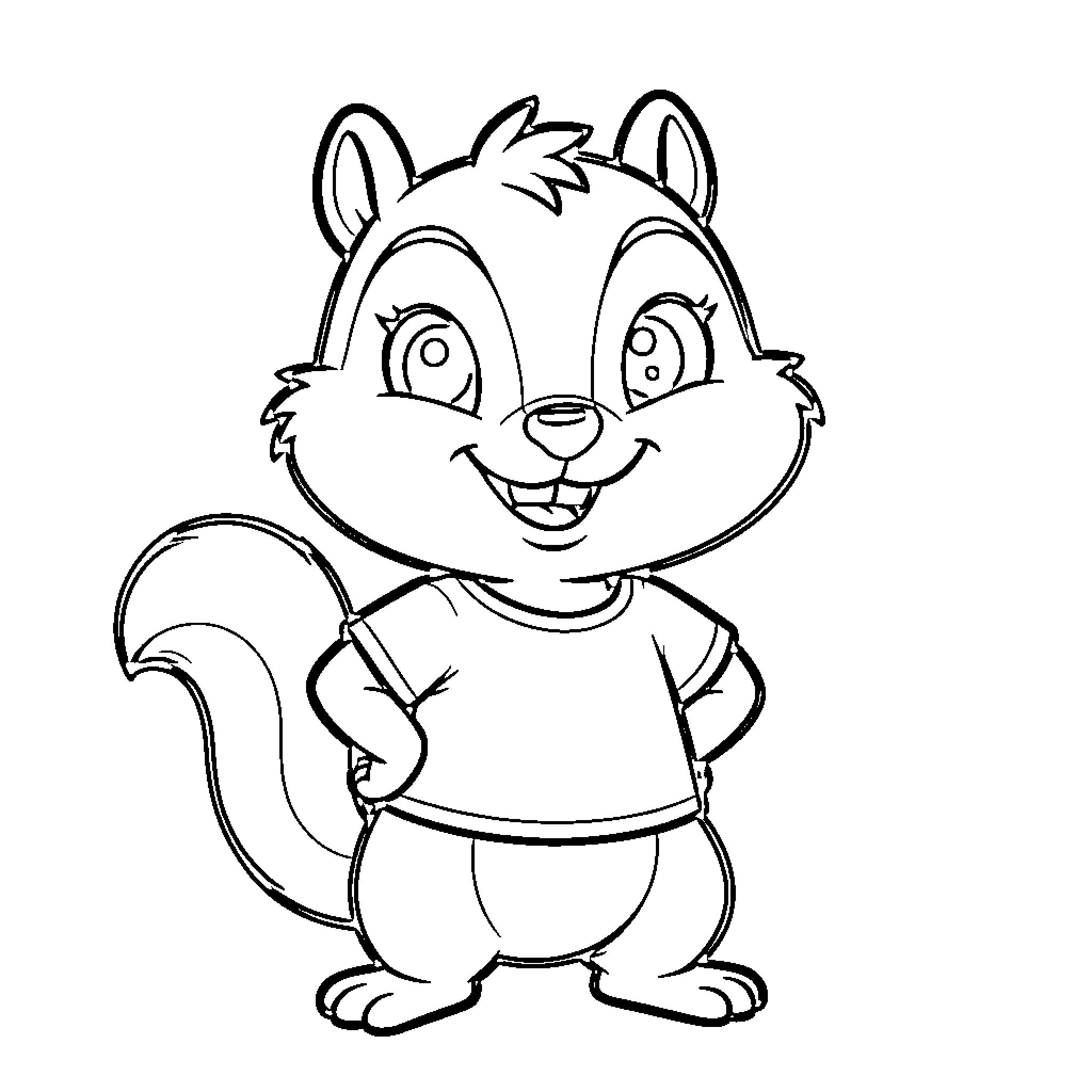 Alvin the happy squirrel wearing a t-shirt Coloring Page (free black-and-white line drawing printable PDF for all, from beginners to advanced learners, including children, teens, adults, and seniors)