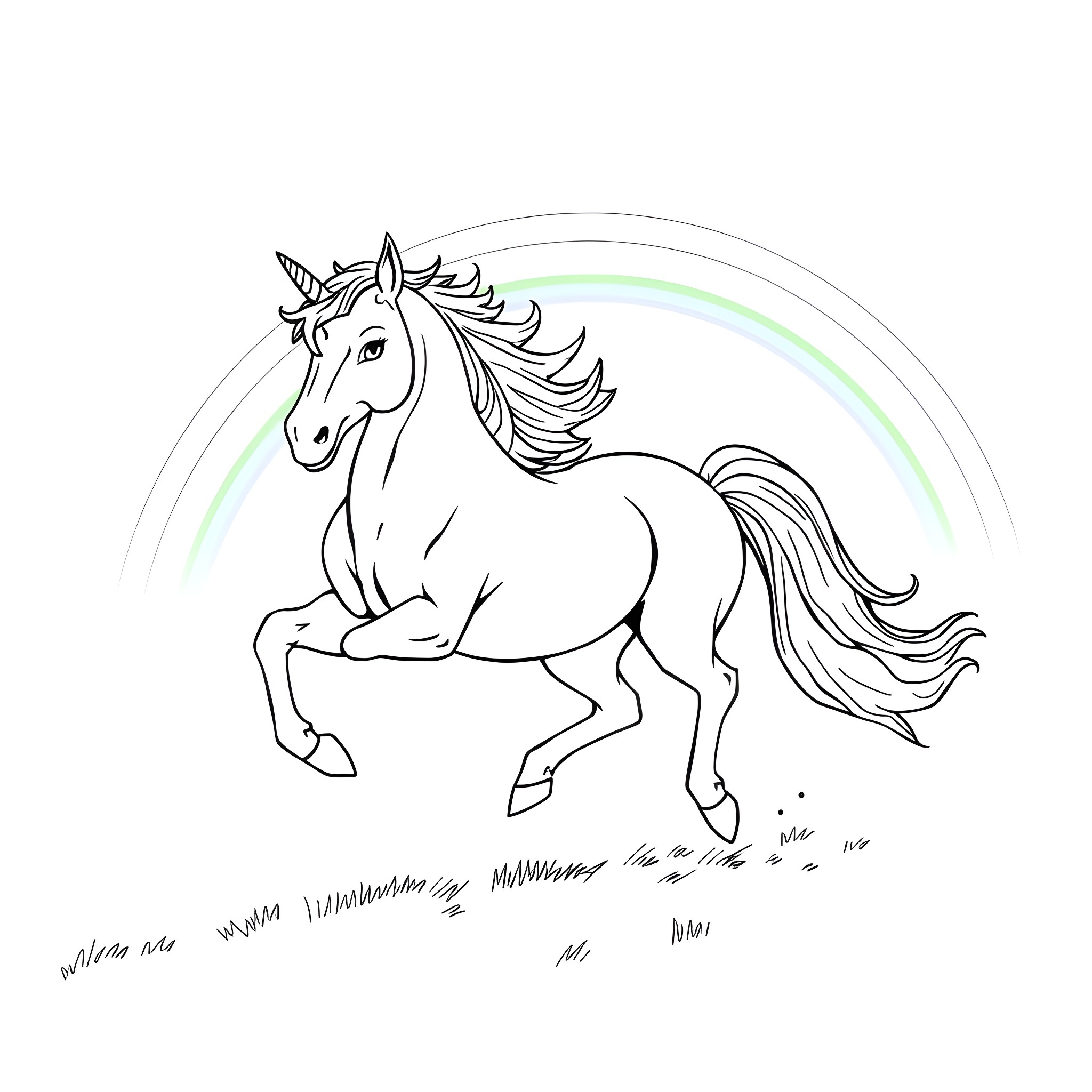 Unicorn Galloping Gracefully Through Meadow Coloring Page (free black-and-white line drawing printable PDF for all, from beginners to advanced learners, including children, teens, adults, and seniors)