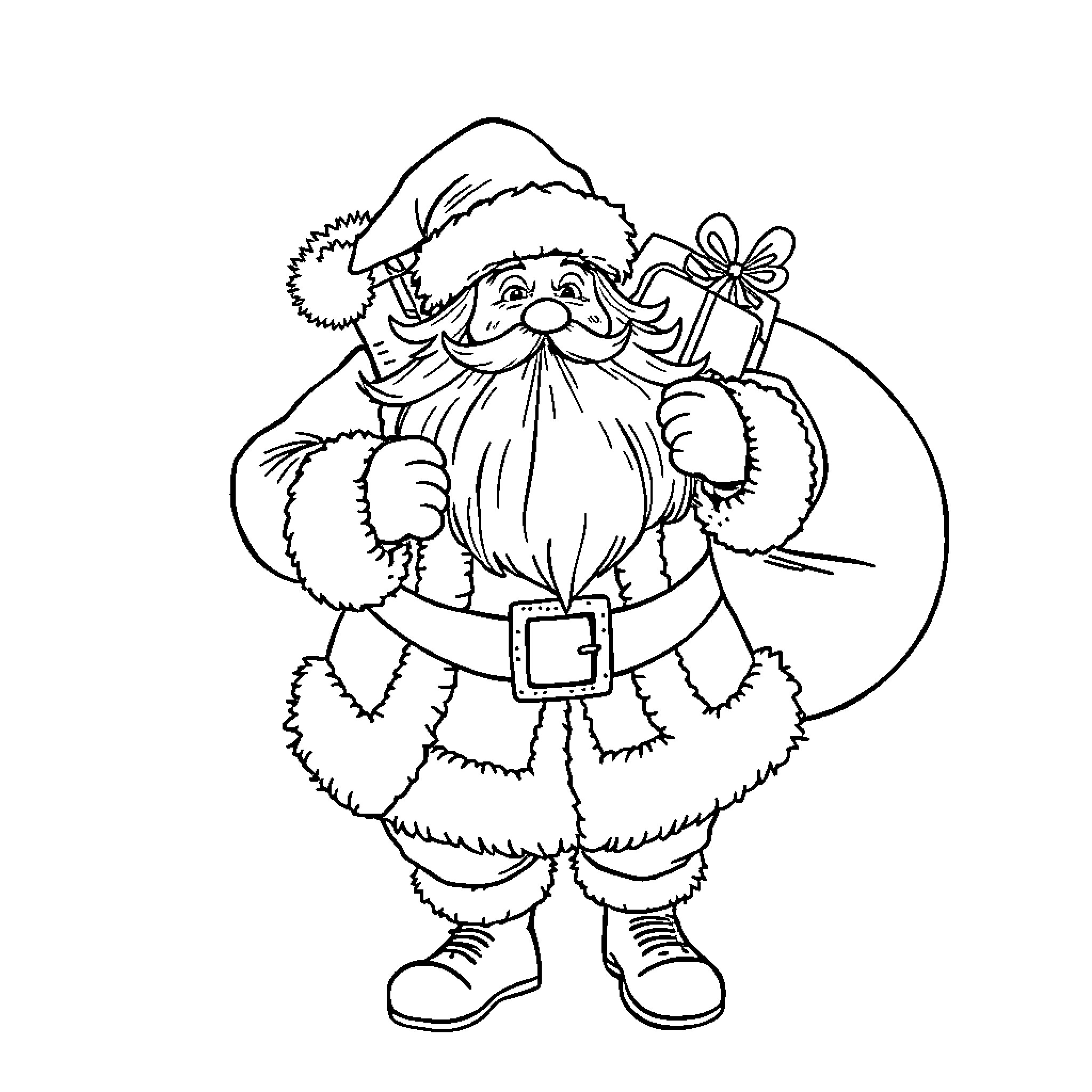Santa Claus holding a gift and smiling Coloring Page (free black-and-white line drawing printable PDF for all, from beginners to advanced learners, including children, teens, adults, and seniors)
