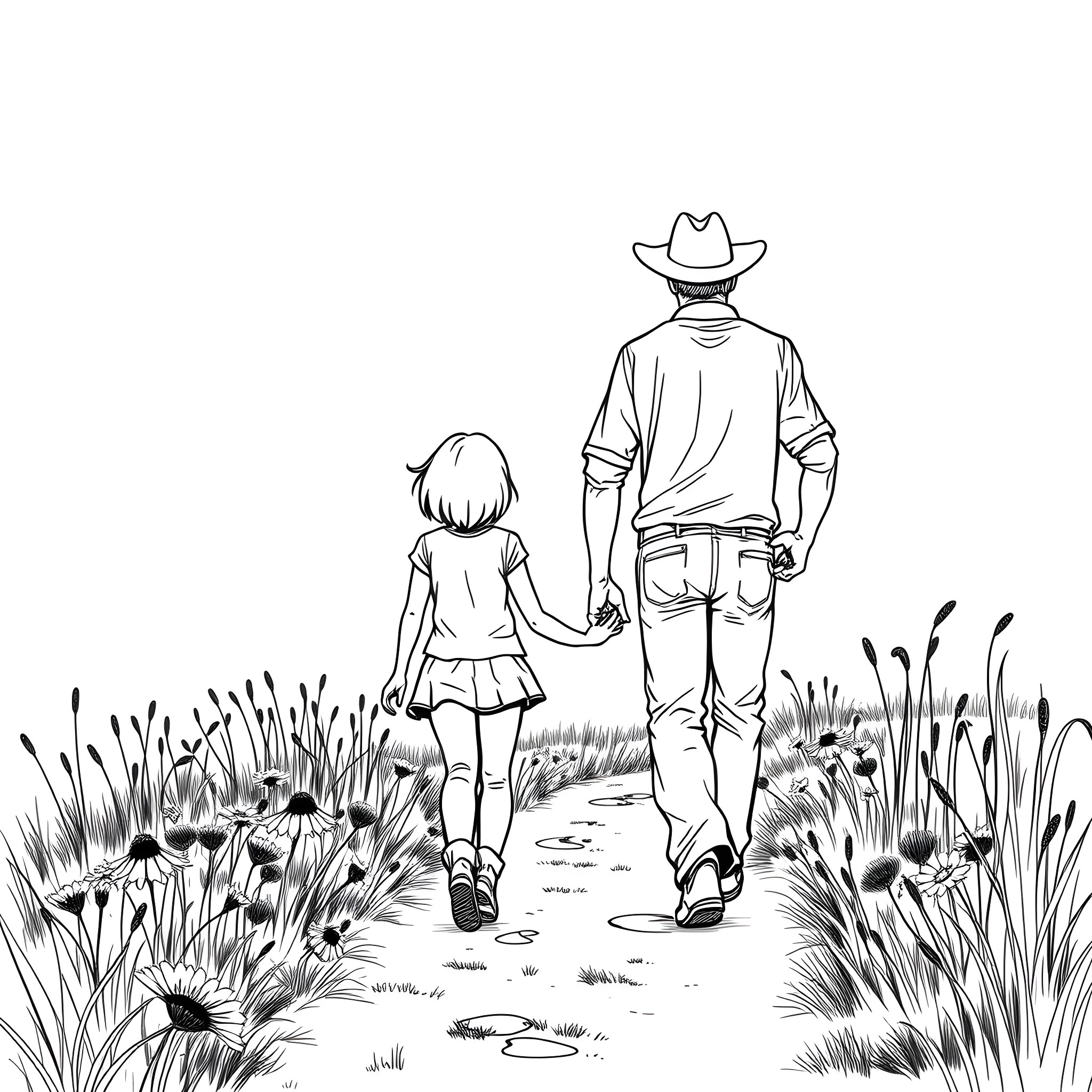 Woman and child walking hand-in-hand through a meadow Coloring Page (free black-and-white line drawing printable PDF for all, from beginners to advanced learners, including children, teens, adults, and seniors)