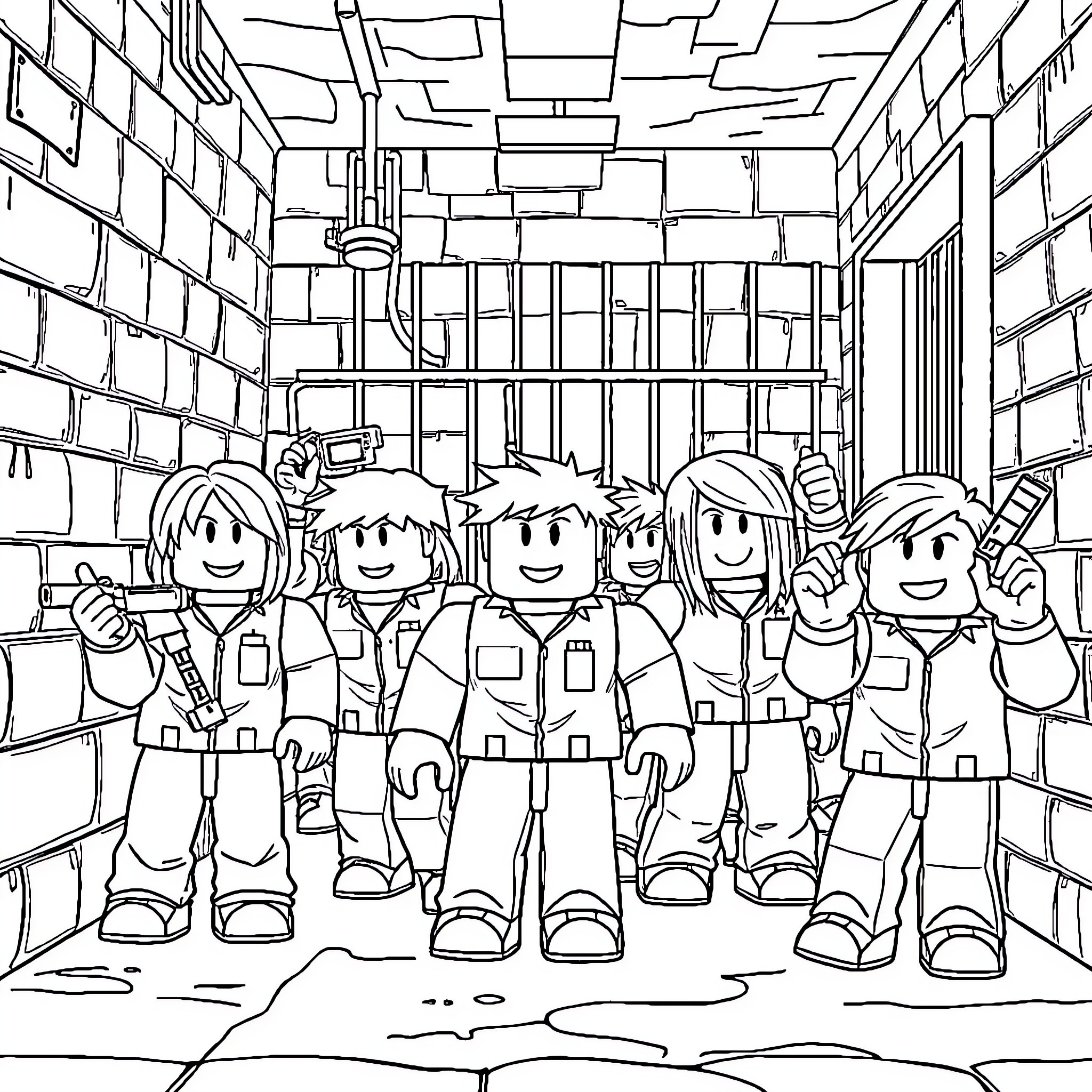 Roblox Group Photo of Characters in Workplace Setting Coloring Page (free black-and-white line drawing printable PDF for all, from beginners to advanced learners, including children, teens, adults, and seniors)
