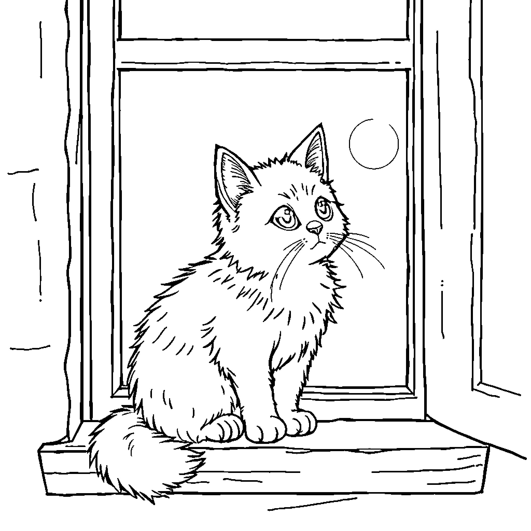 Cat sitting on windowsill looking outside Coloring Page (free black-and-white line drawing printable PDF for all, from beginners to advanced learners, including children, teens, adults, and seniors)