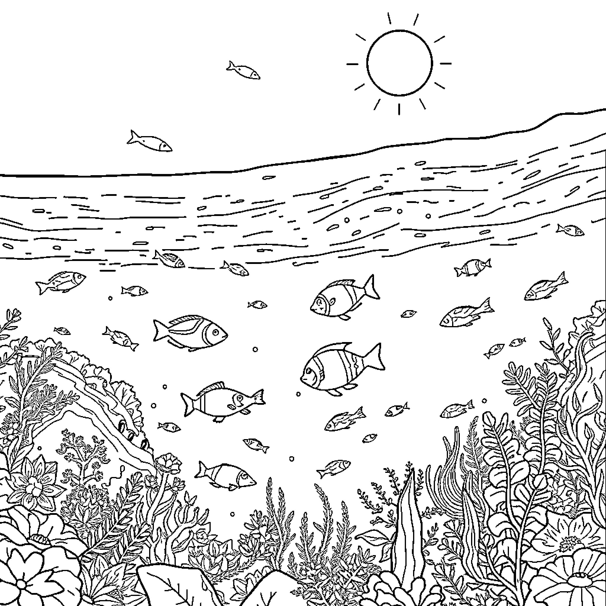 Sea life swimming in vibrant underwater world Coloring Page (free black-and-white line drawing printable PDF for all, from beginners to advanced learners, including children, teens, adults, and seniors)