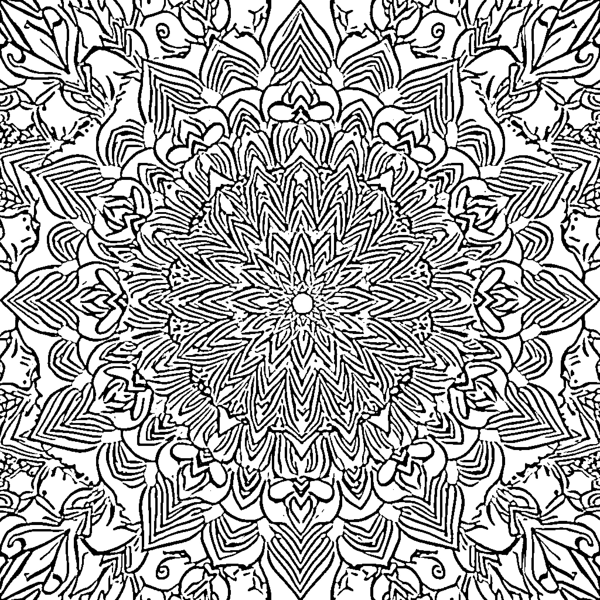 Mandala of intricate abstract floral patterns Coloring Page (free black-and-white line drawing printable PDF for all, from beginners to advanced learners, including children, teens, adults, and seniors)