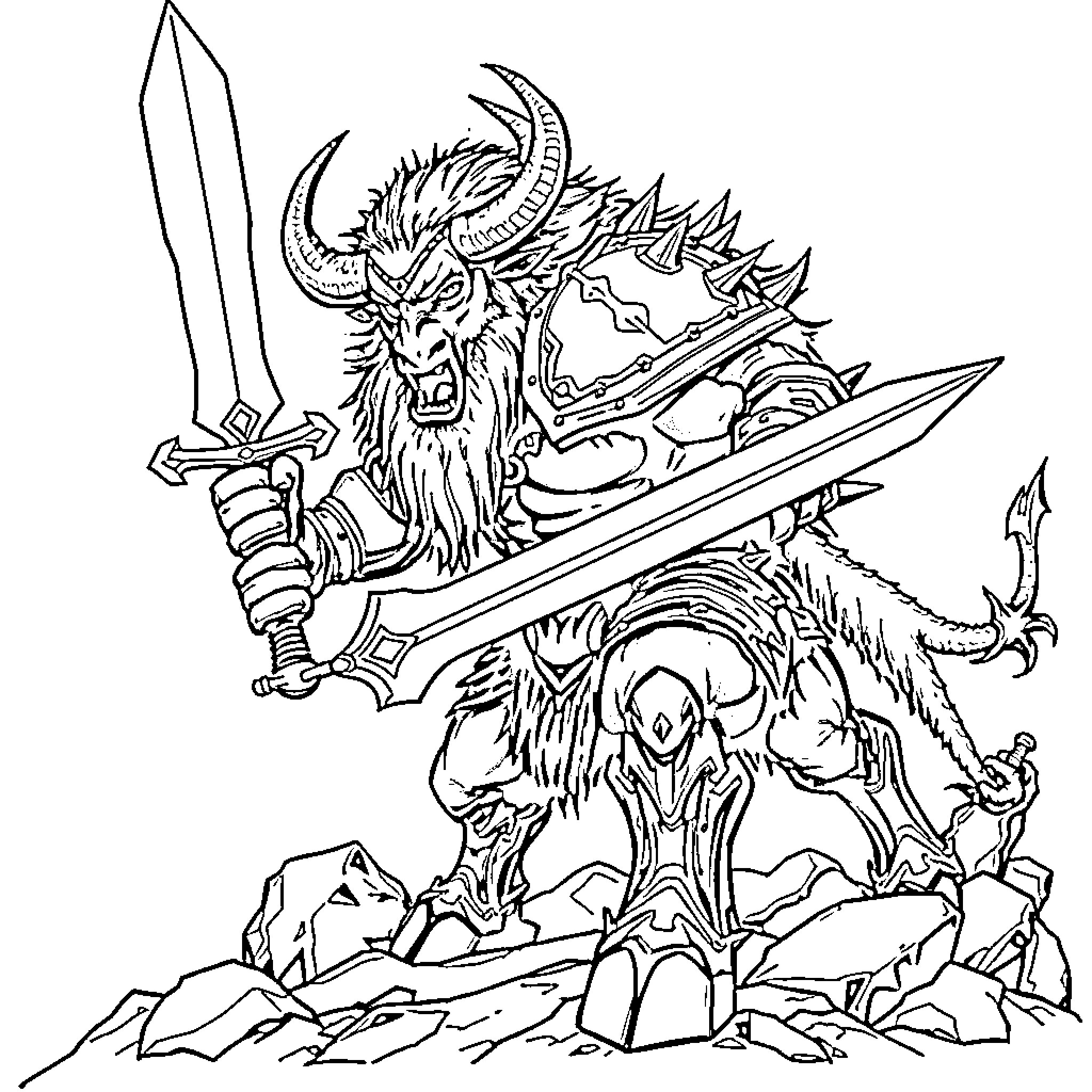 Minotaur warrior wielding a large sword in battle Coloring Page (free black-and-white line drawing printable PDF for all, from beginners to advanced learners, including children, teens, adults, and seniors)