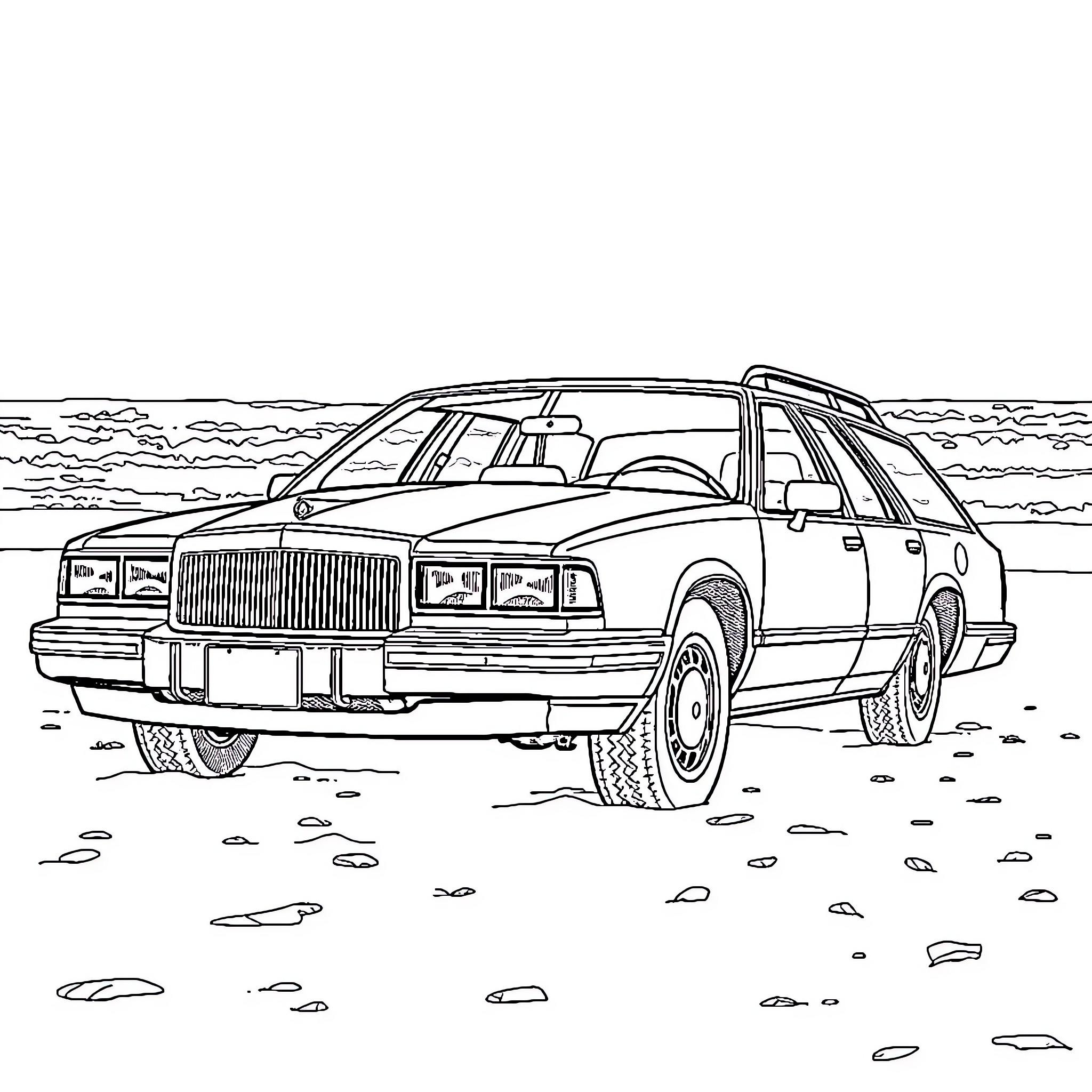 Buick station wagon driving through rugged terrain Coloring Page (free black-and-white line drawing printable PDF for all, from beginners to advanced learners, including children, teens, adults, and seniors)