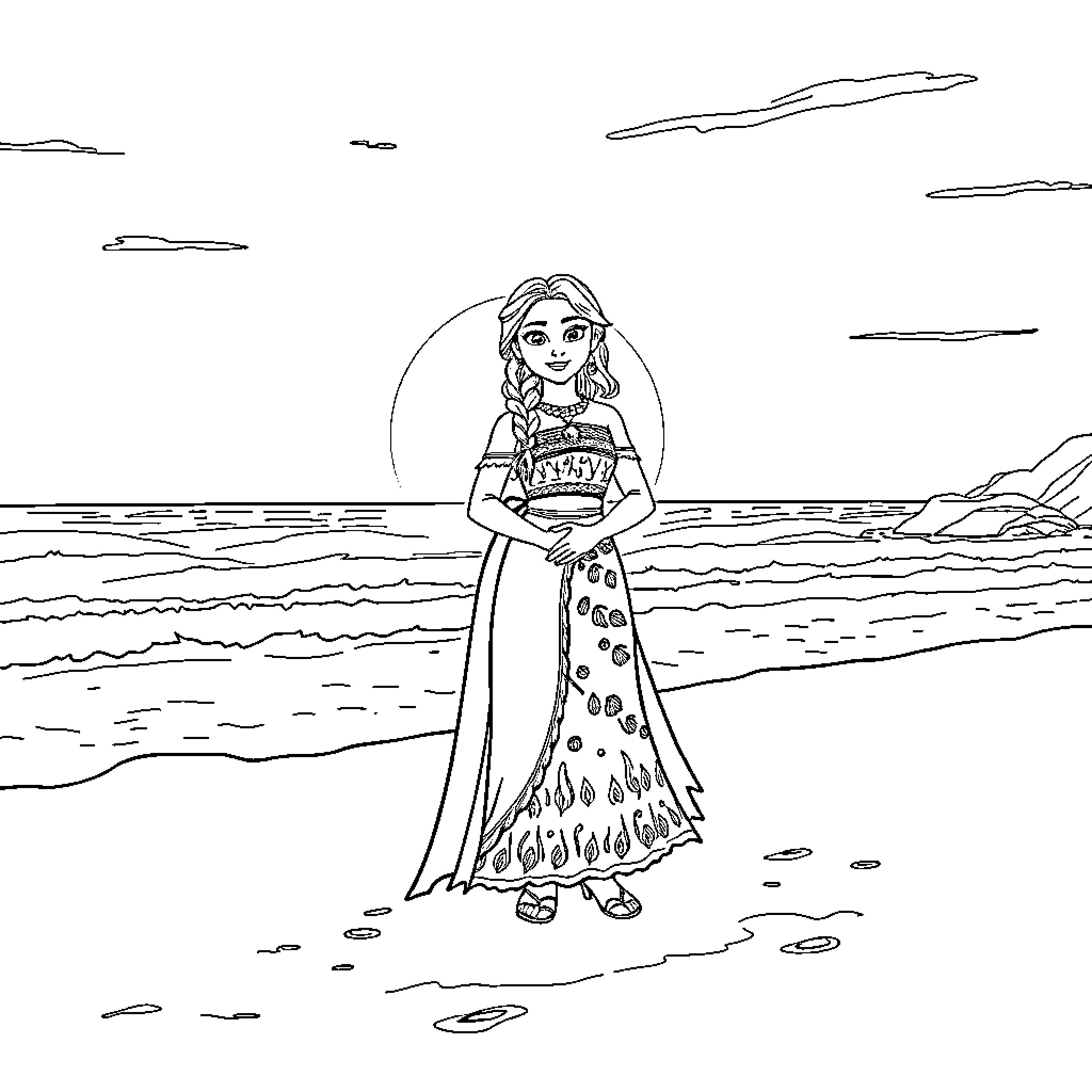 Elsa enjoying a peaceful beach day Coloring Page (free black-and-white line drawing printable PDF for all, from beginners to advanced learners, including children, teens, adults, and seniors)