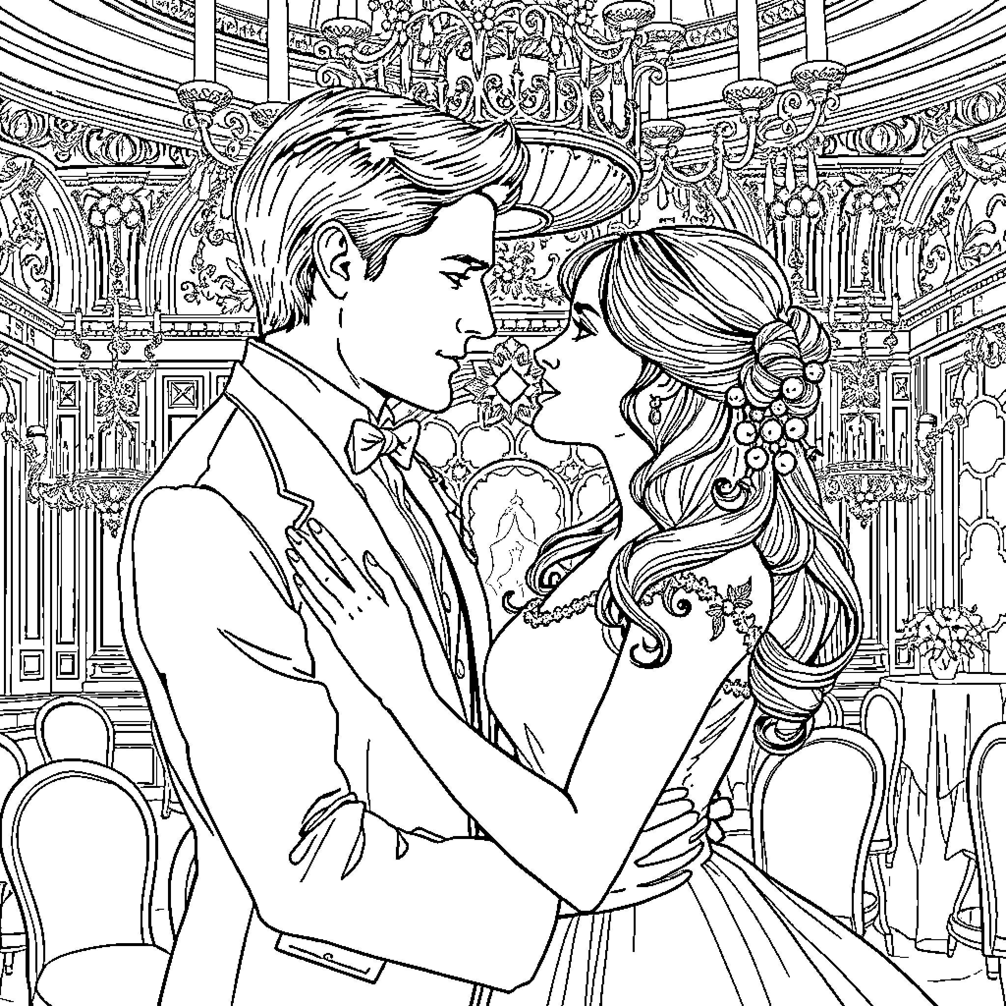 Colin's Enchanting Ballroom Dance Coloring Page (free black-and-white line drawing printable PDF for all, from beginners to advanced learners, including children, teens, adults, and seniors)