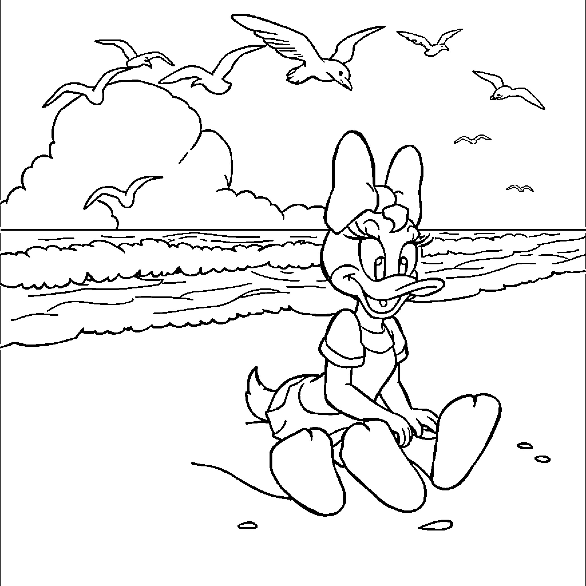Daisy Duck enjoying a day at the beach Coloring Page (free black-and-white line drawing printable PDF for all, from beginners to advanced learners, including children, teens, adults, and seniors)