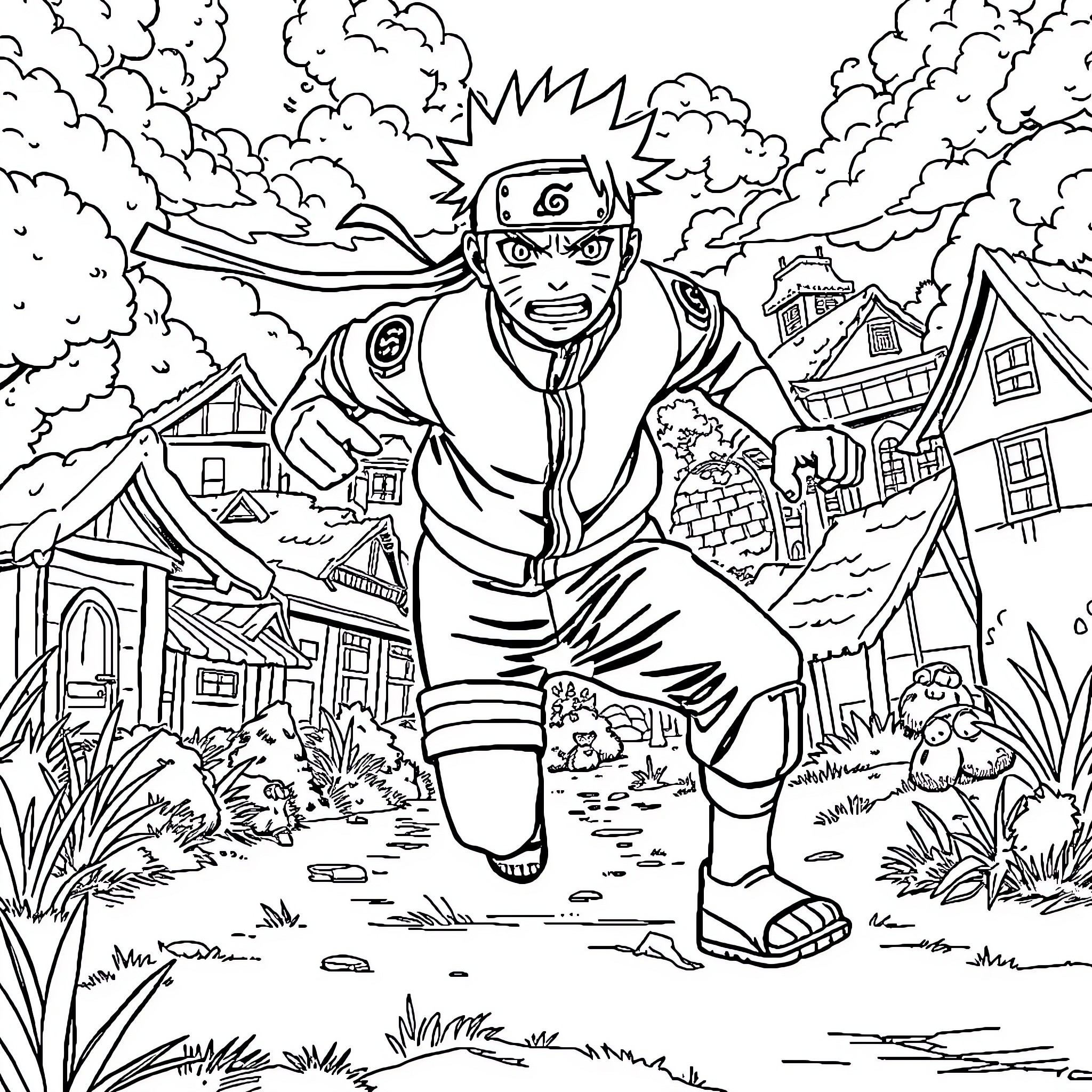 Naruto Ninja's Intense Action in Village Coloring Page (free black-and-white line drawing printable PDF for all, from beginners to advanced learners, including children, teens, adults, and seniors)