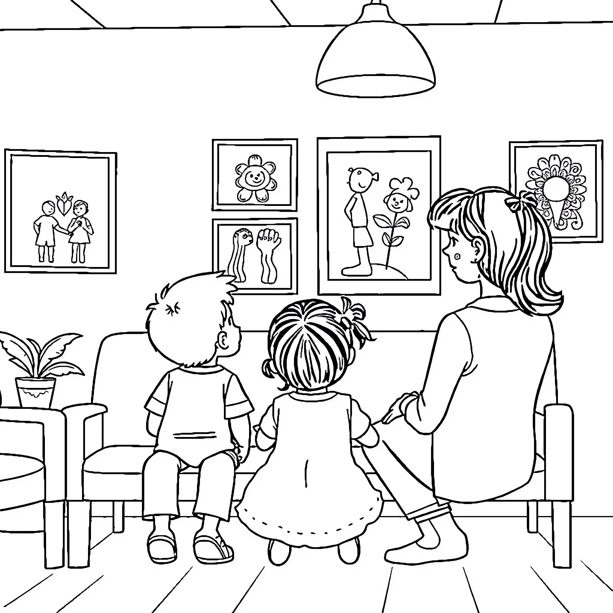 Child exploring artwork with family in room Coloring Page (free black-and-white line drawing printable PDF for all, from beginners to advanced learners, including children, teens, adults, and seniors)