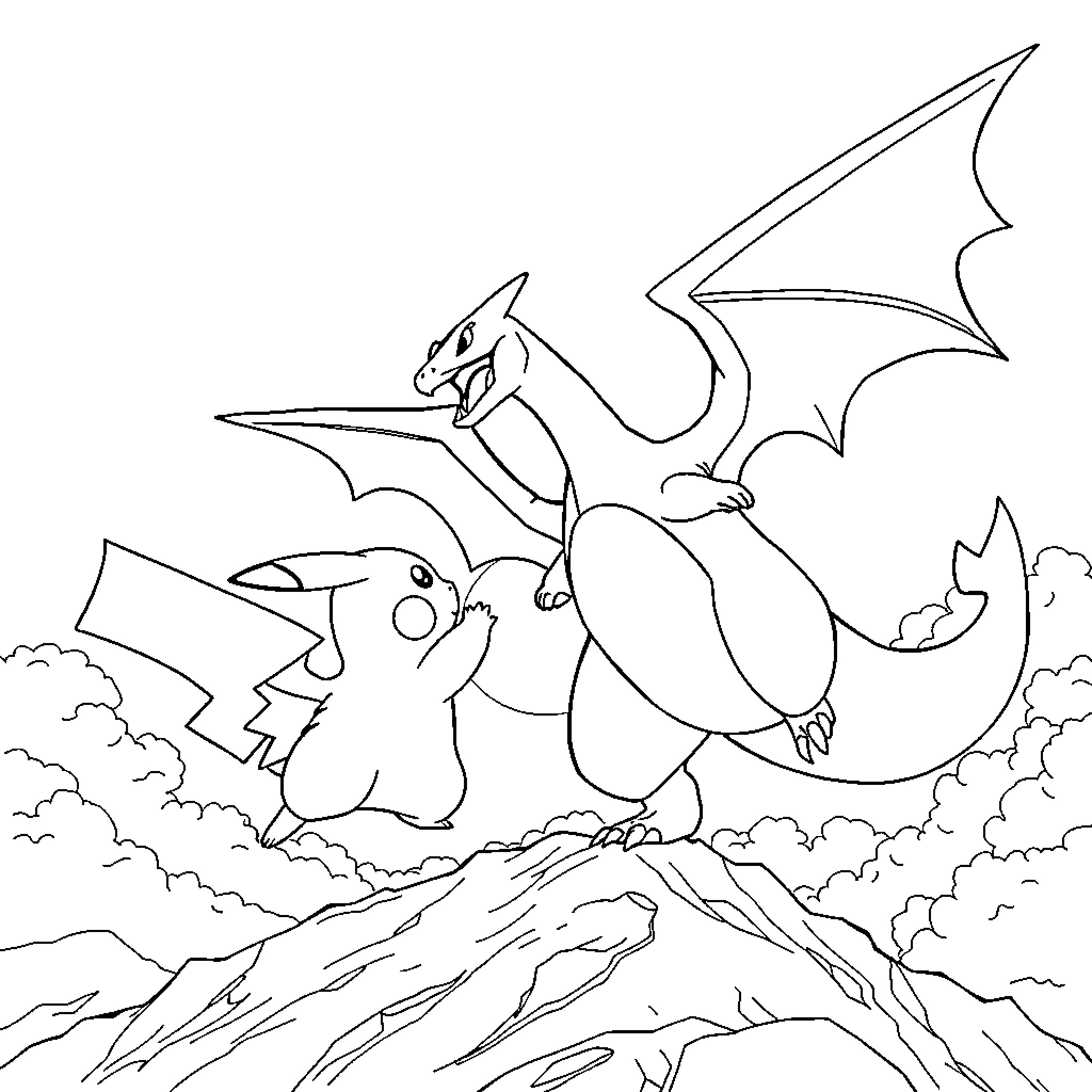 Pikachu battling a fierce dragon in the sky Coloring Page (free black-and-white line drawing printable PDF for all, from beginners to advanced learners, including children, teens, adults, and seniors)