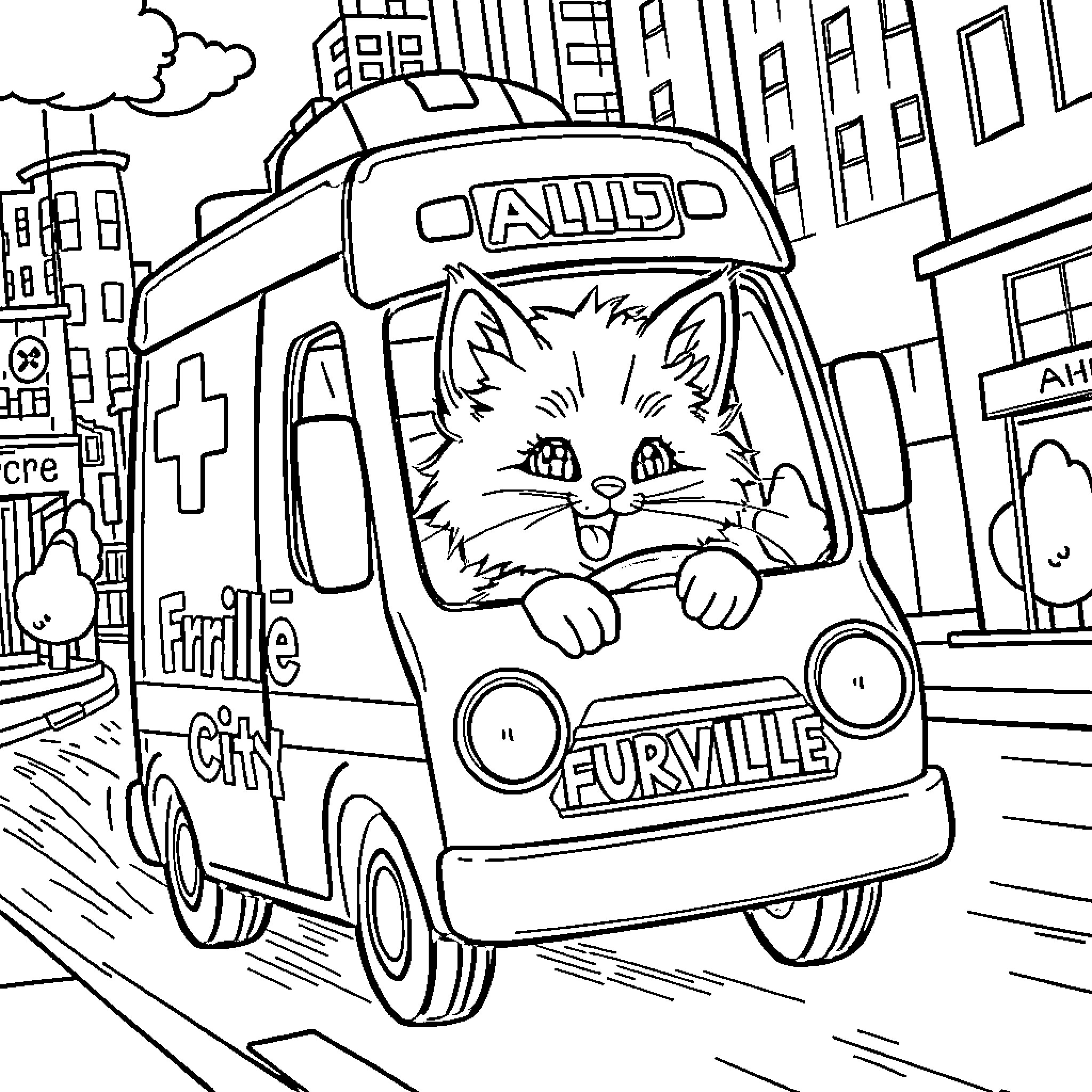 Kitten riding in an ambulance in the city Coloring Page (free black-and-white line drawing printable PDF for all, from beginners to advanced learners, including children, teens, adults, and seniors)