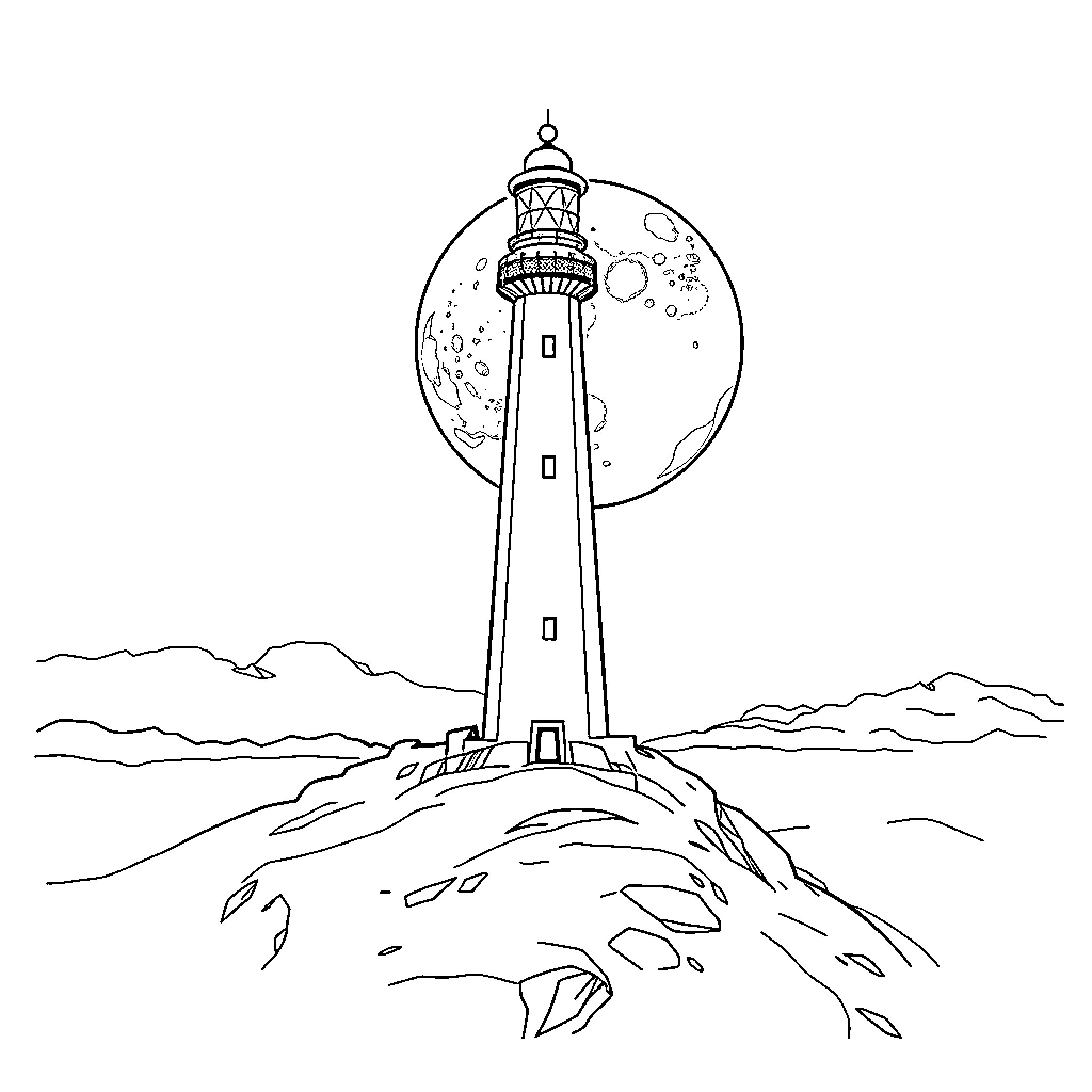 Lighthouse on a rocky coastline under the moon Coloring Page (free black-and-white line drawing printable PDF for all, from beginners to advanced learners, including children, teens, adults, and seniors)