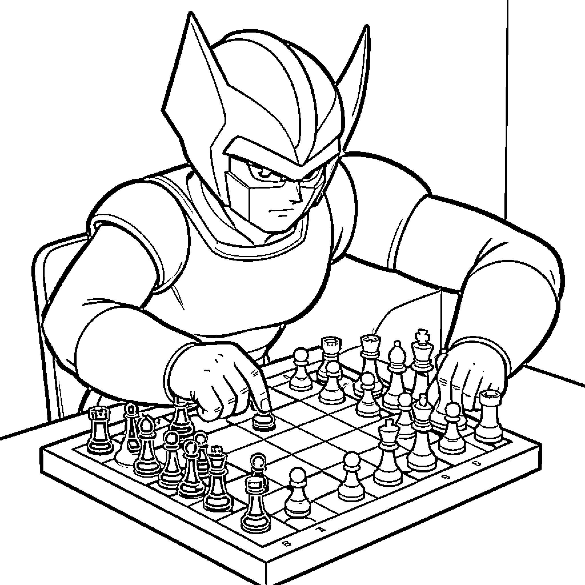 Goldorak concentrating deeply while playing a game of chess Coloring Page (free black-and-white line drawing printable PDF for all, from beginners to advanced learners, including children, teens, adults, and seniors)
