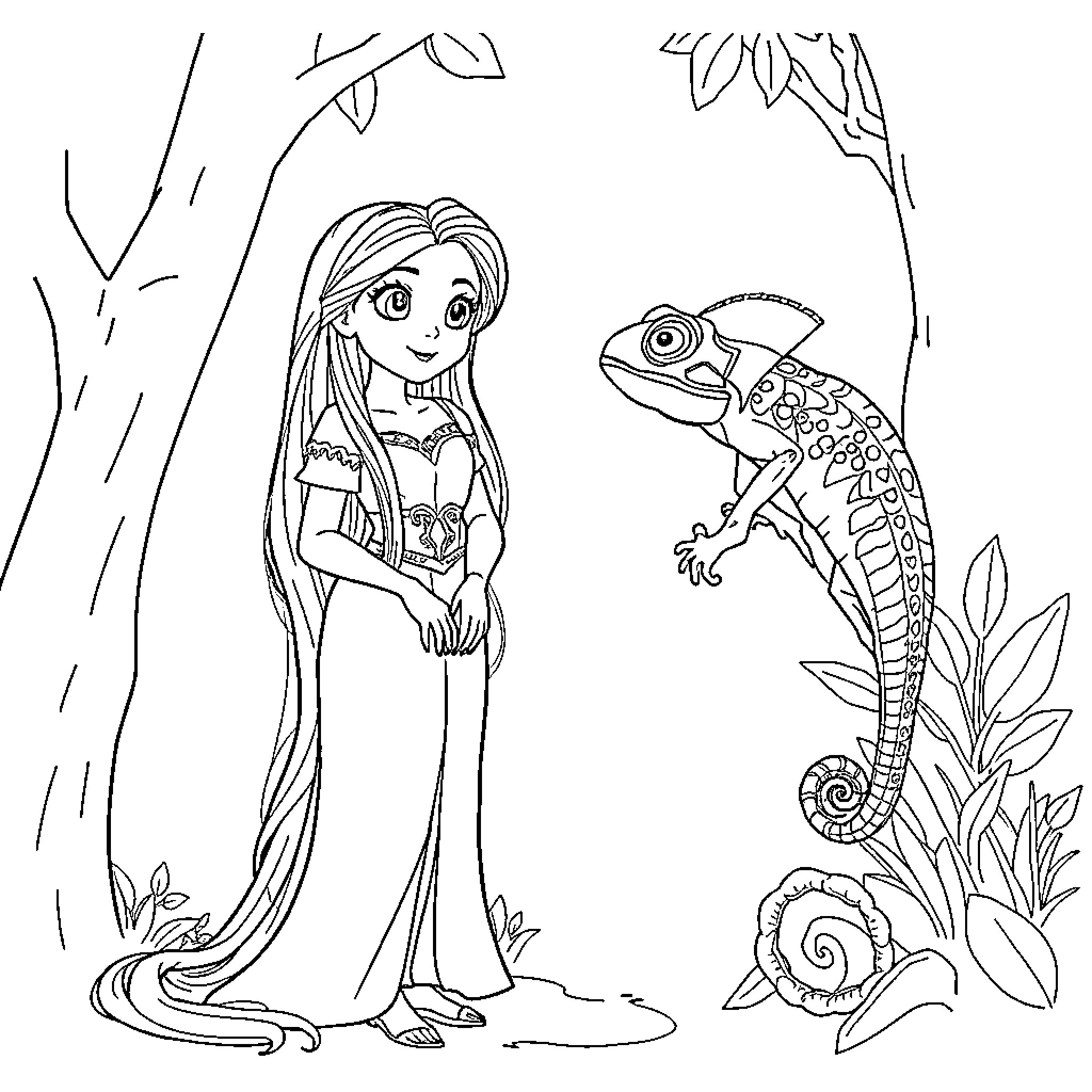Rapunzel exploring the enchanted forest with a chameleon Coloring Page (free black-and-white line drawing printable PDF for all, from beginners to advanced learners, including children, teens, adults, and seniors)