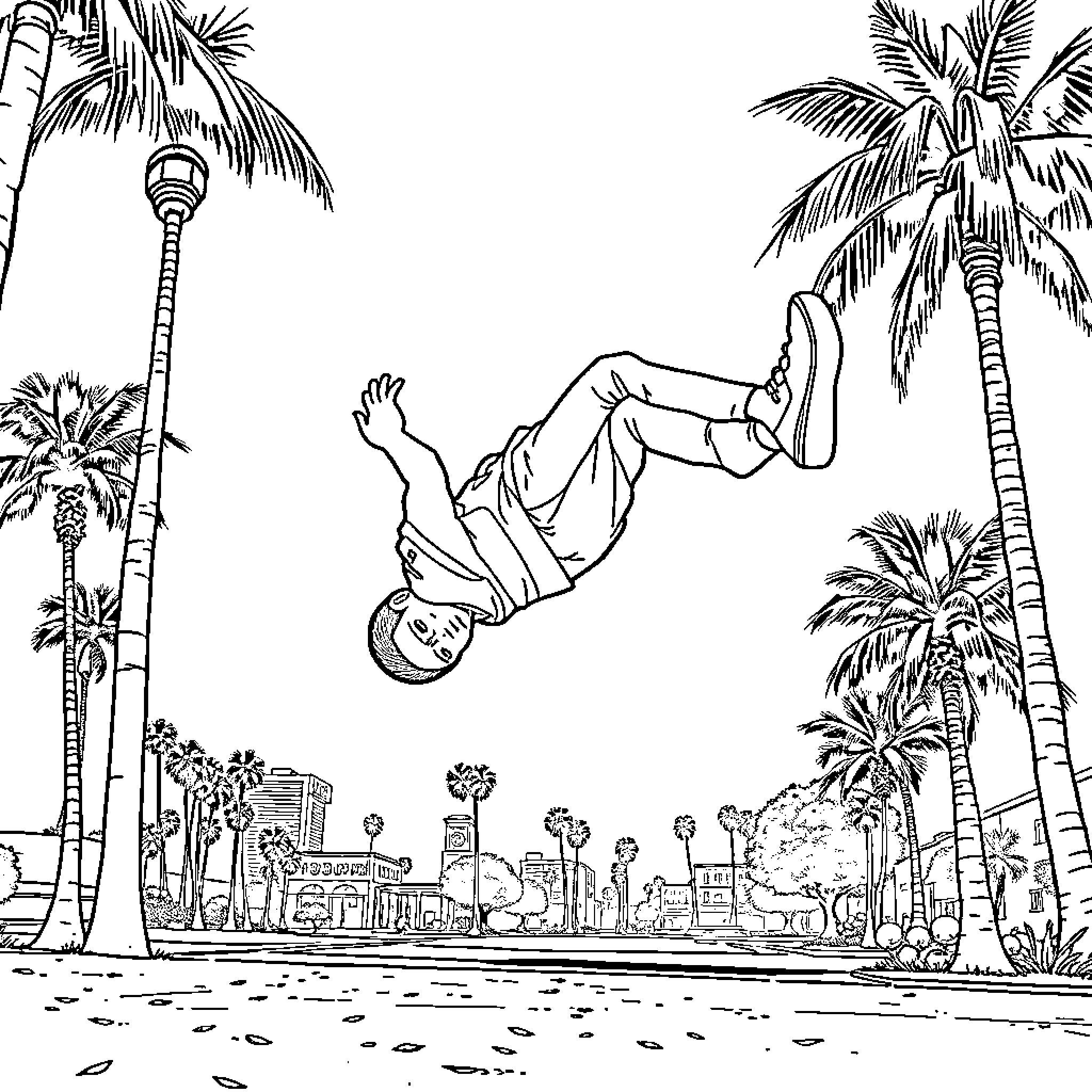 Michael skateboards through a tropical paradise Coloring Page (free black-and-white line drawing printable PDF for all, from beginners to advanced learners, including children, teens, adults, and seniors)
