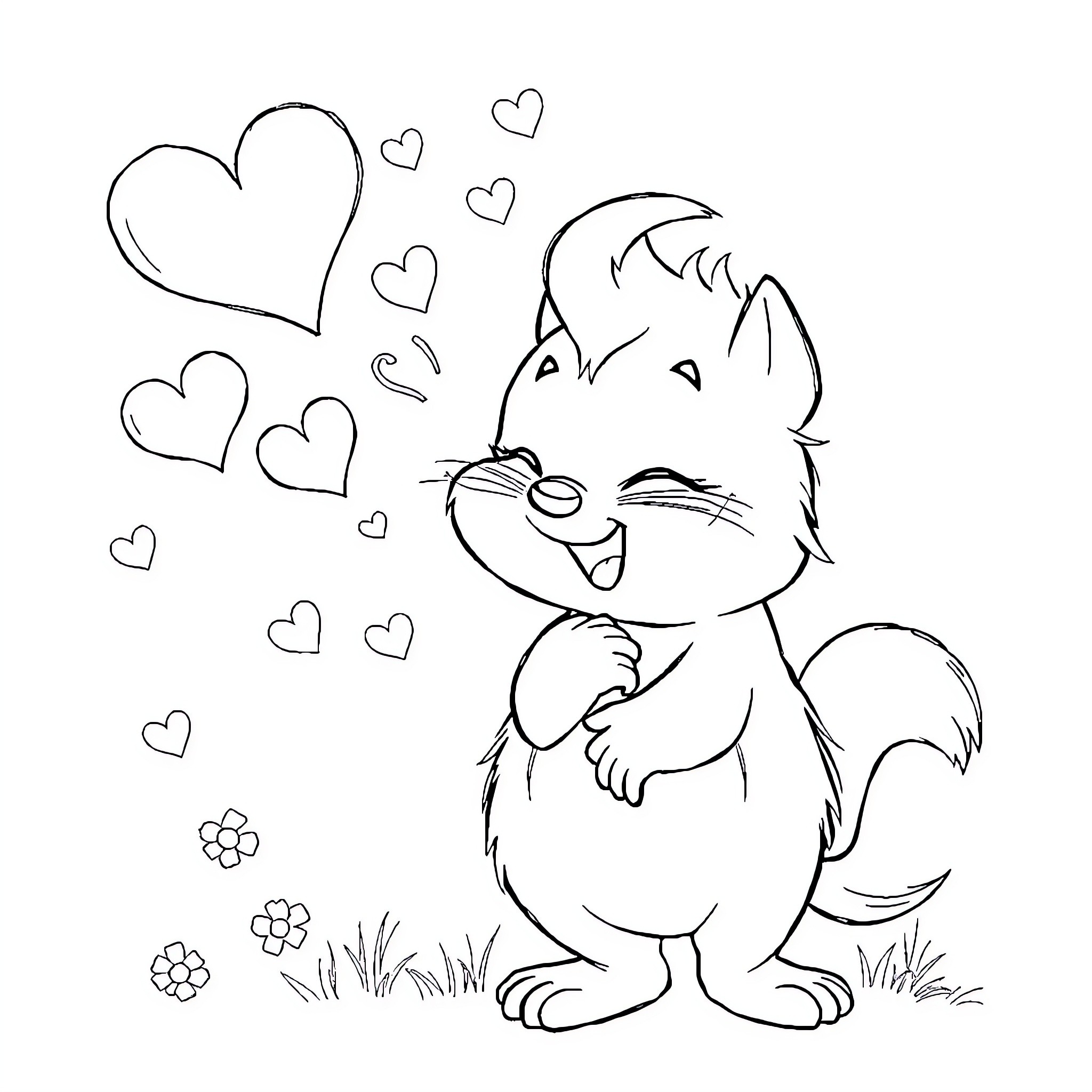 Sprunky loves hearts and flowers Coloring Page (free black-and-white line drawing printable PDF for all, from beginners to advanced learners, including children, teens, adults, and seniors)