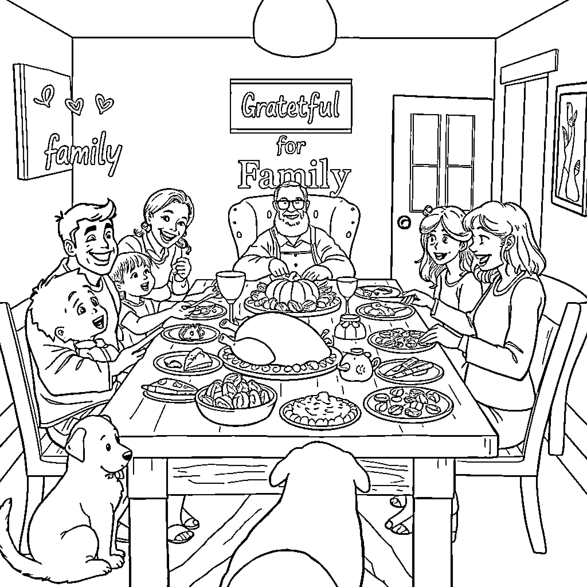 Family Gathering Enjoying Thanksgiving Feast Coloring Page (free black-and-white line drawing printable PDF for all, from beginners to advanced learners, including children, teens, adults, and seniors)