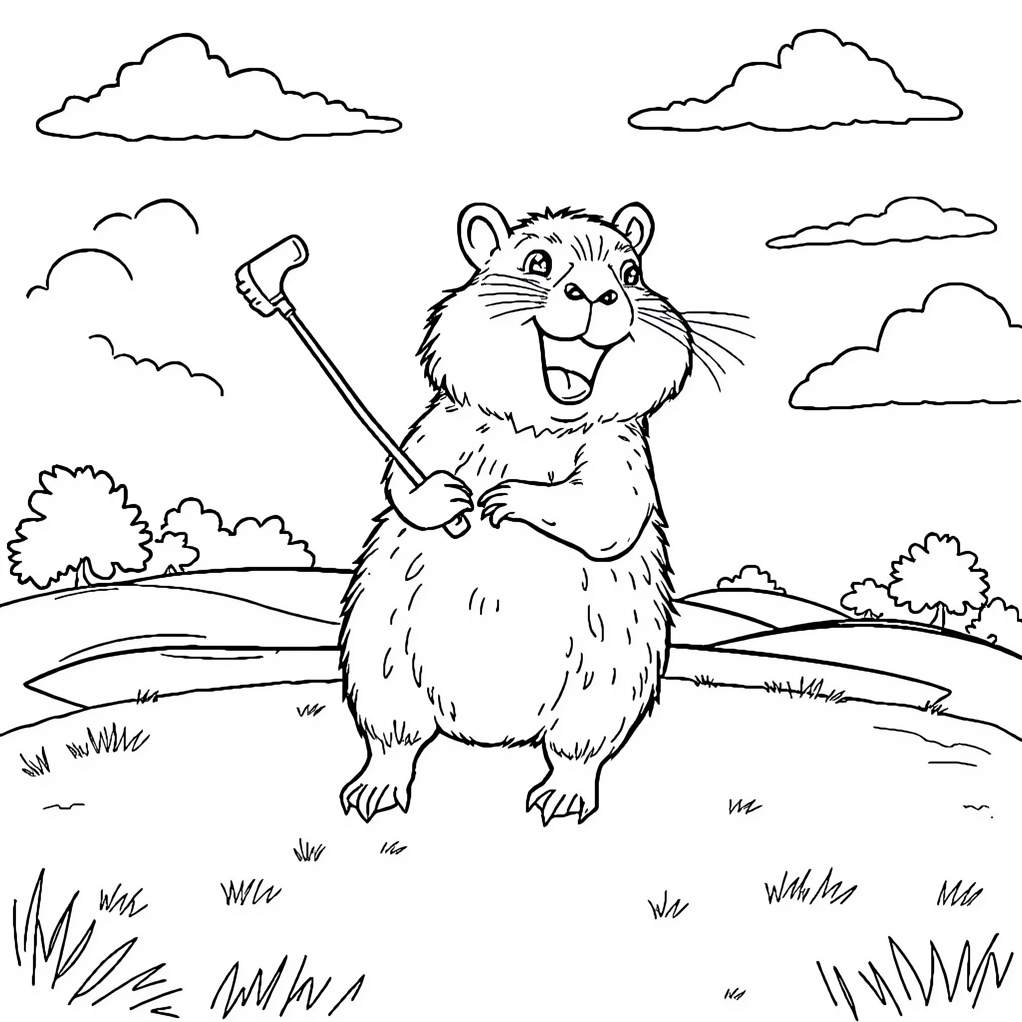 Capybara enjoying outdoor activities in nature Coloring Page (free black-and-white line drawing printable PDF for all, from beginners to advanced learners, including children, teens, adults, and seniors)