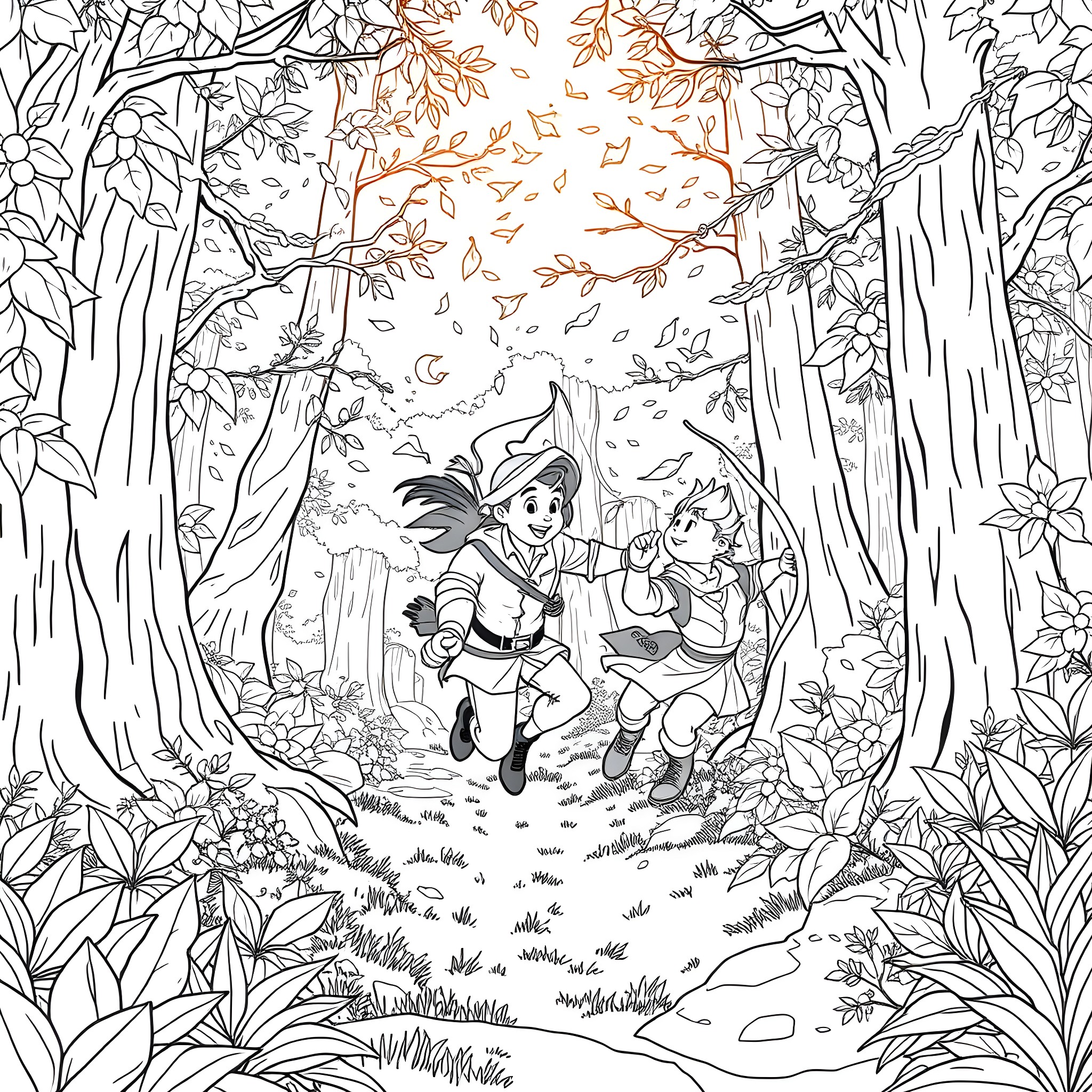 Robin Hood and Companions Adventuring in the Forest Coloring Page (free black-and-white line drawing printable PDF for all, from beginners to advanced learners, including children, teens, adults, and seniors)