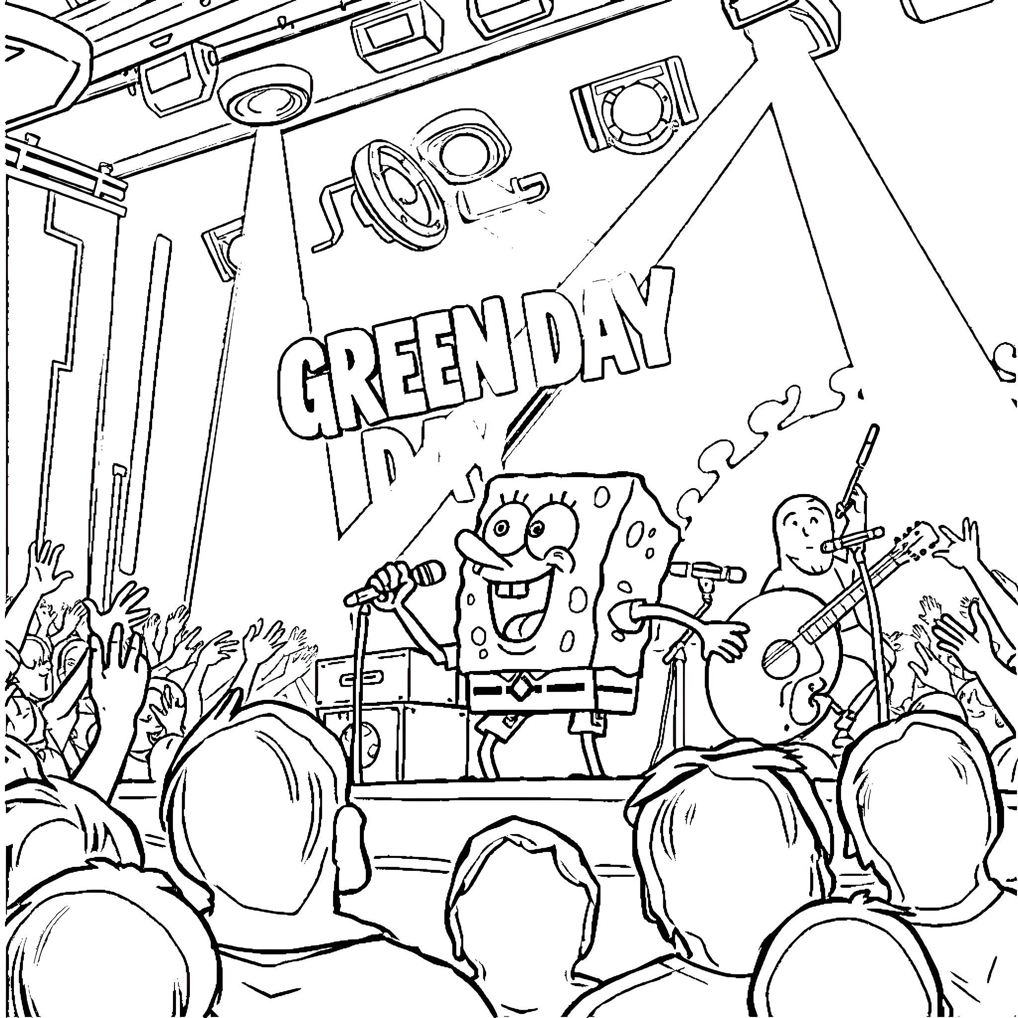 Spongebob attending a Green Day concert Coloring Page (free black-and-white line drawing printable PDF for all, from beginners to advanced learners, including children, teens, adults, and seniors)