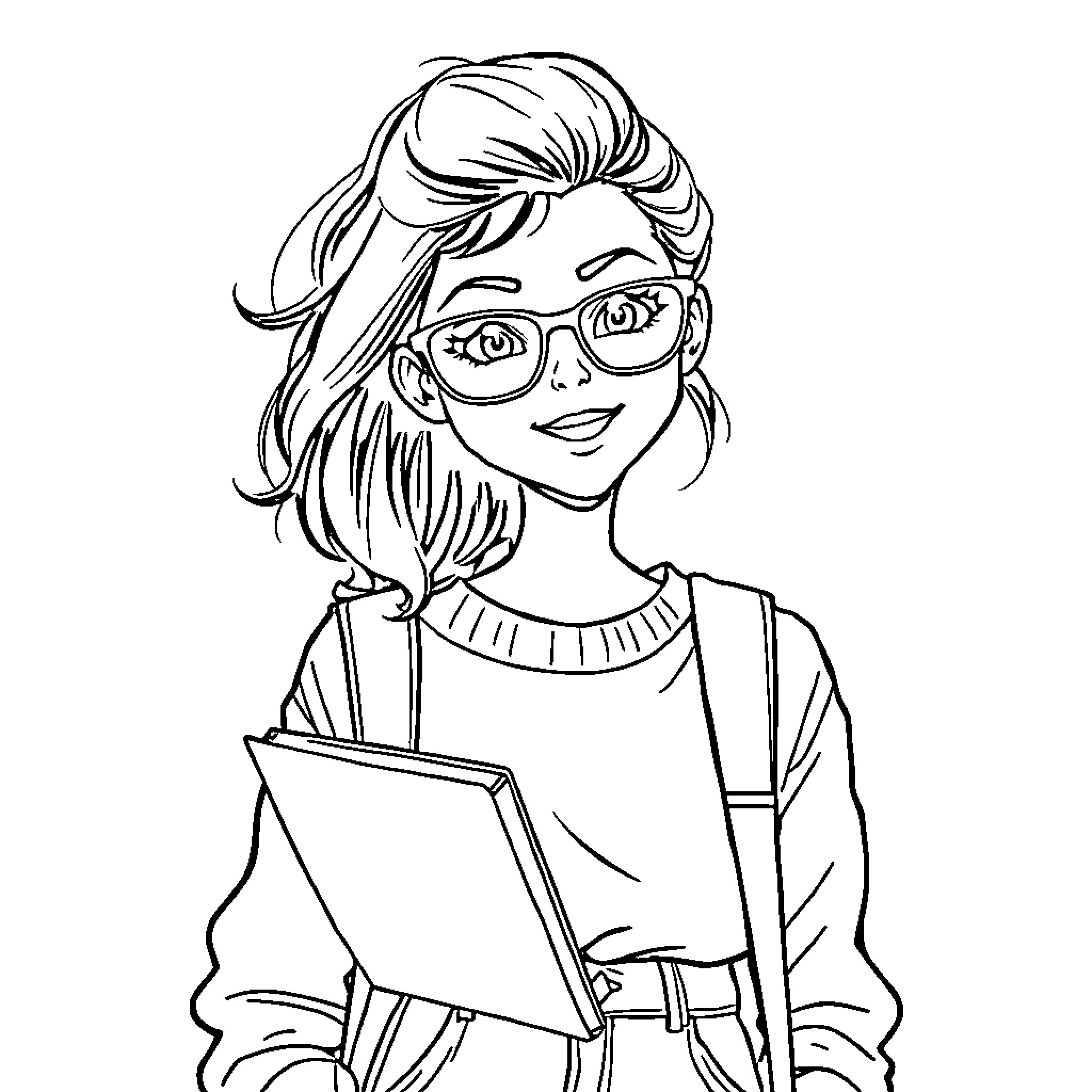 Girl with glasses reading a book enthusiastically Coloring Page (free black-and-white line drawing printable PDF for all, from beginners to advanced learners, including children, teens, adults, and seniors)
