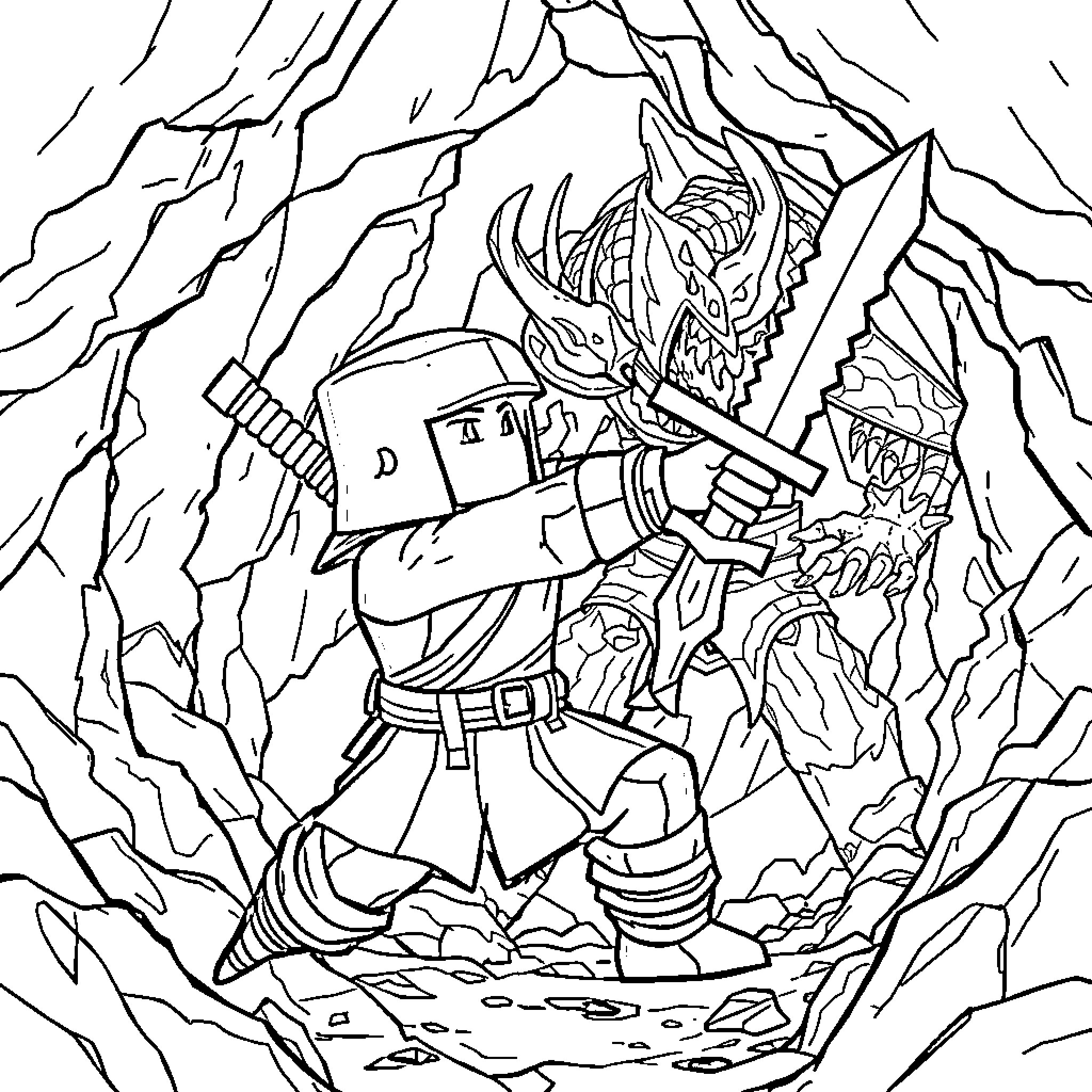 Ninja warrior battling a fierce dragon Coloring Page (free black-and-white line drawing printable PDF for all, from beginners to advanced learners, including children, teens, adults, and seniors)