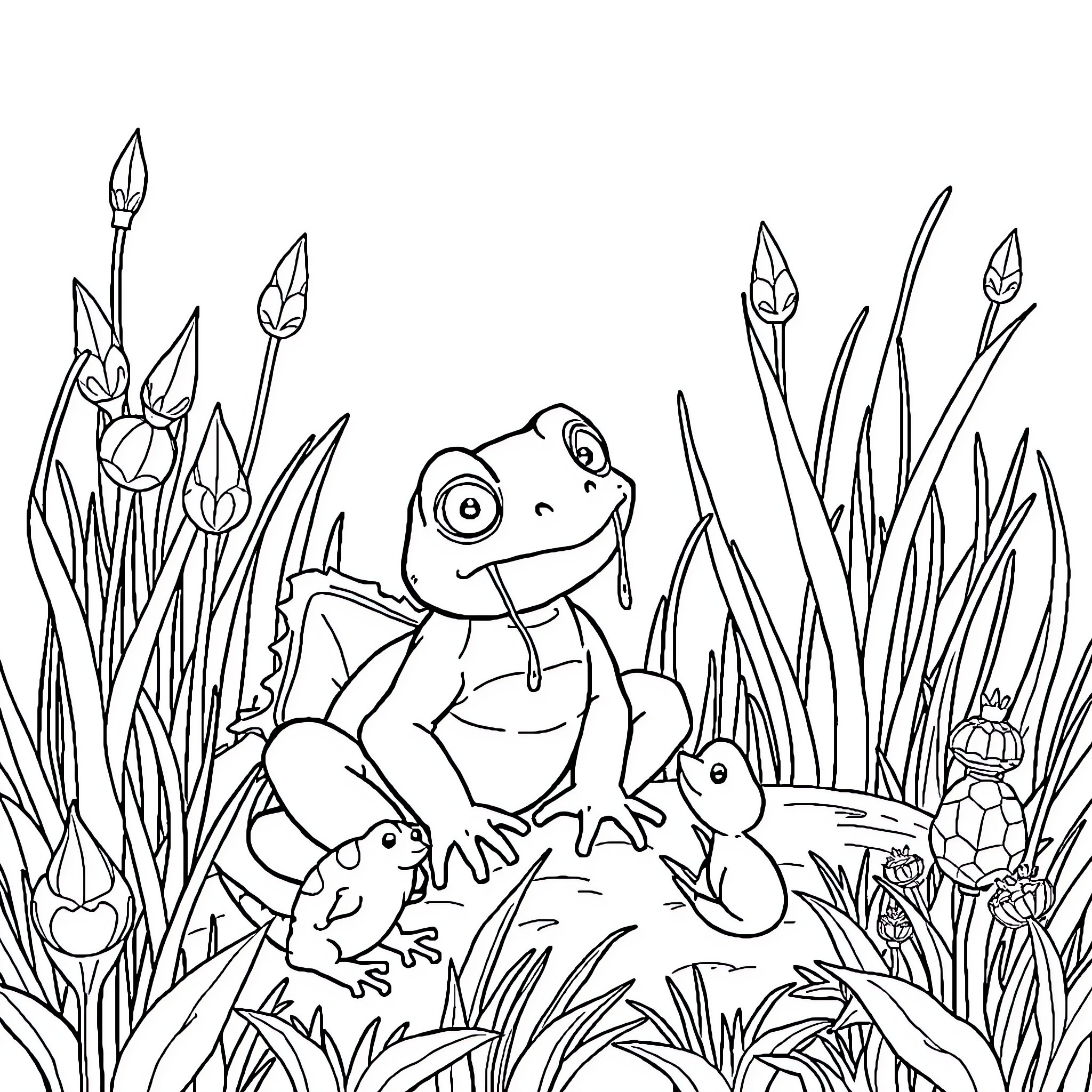 Frogs playing in a lush pond Coloring Page (free black-and-white line drawing printable PDF for all, from beginners to advanced learners, including children, teens, adults, and seniors)