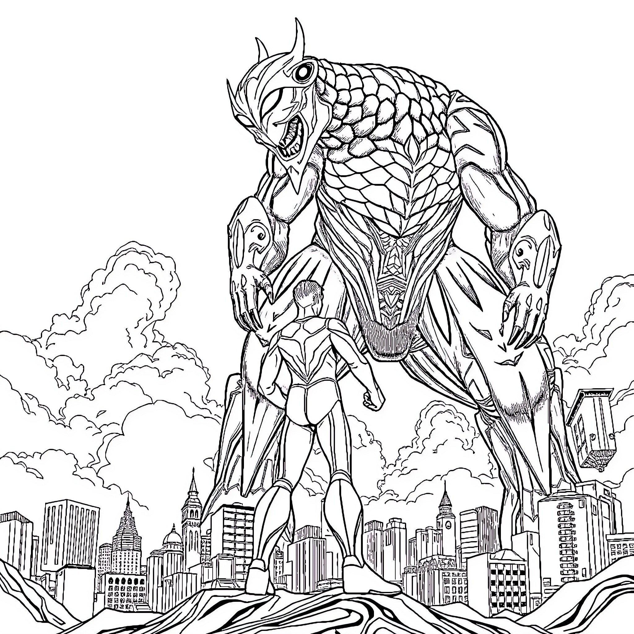 Ultraman battles a giant kaiju creature in the city Coloring Page (free black-and-white line drawing printable PDF for all, from beginners to advanced learners, including children, teens, adults, and seniors)