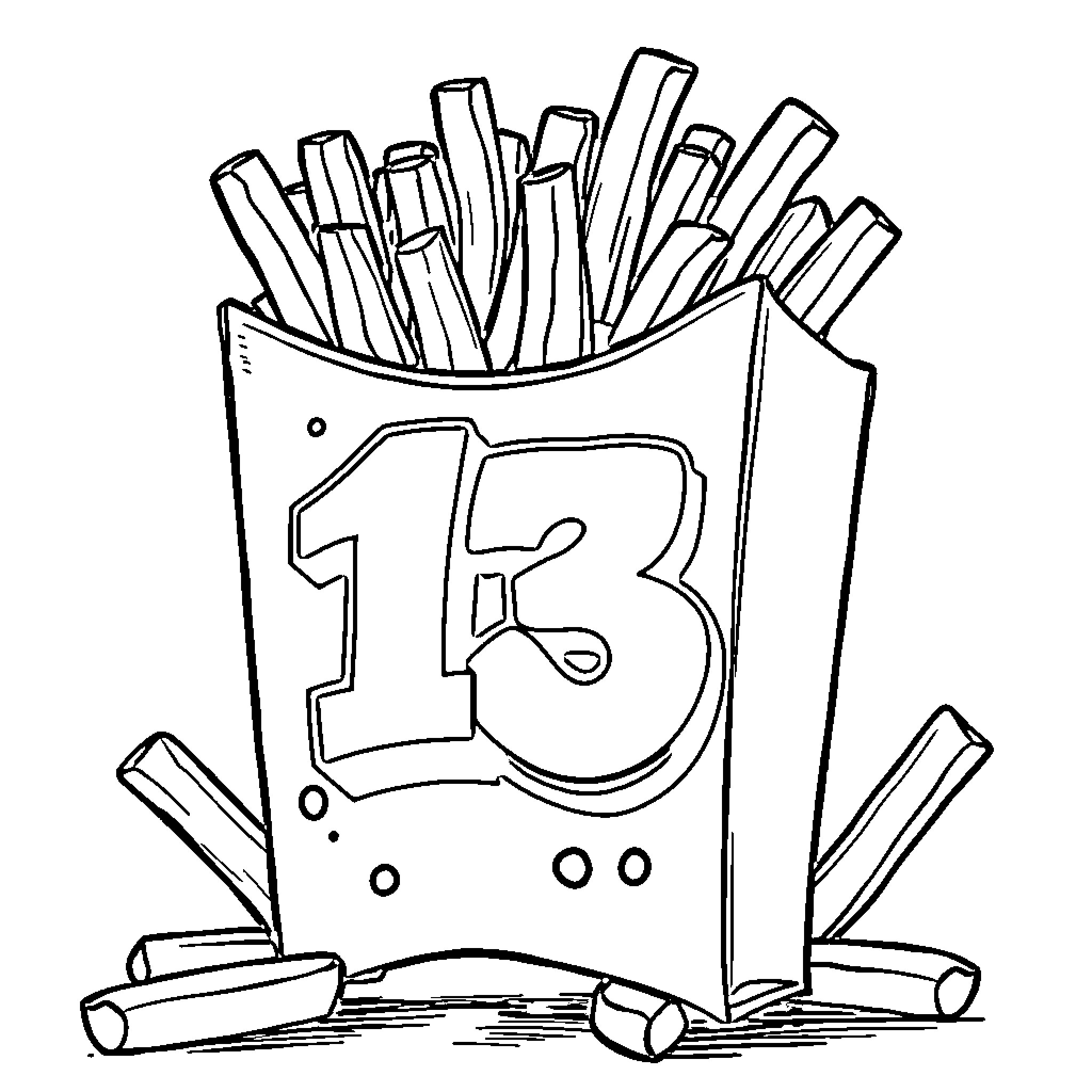 Fries with playful number 13 design Coloring Page (free black-and-white line drawing printable PDF for all, from beginners to advanced learners, including children, teens, adults, and seniors)