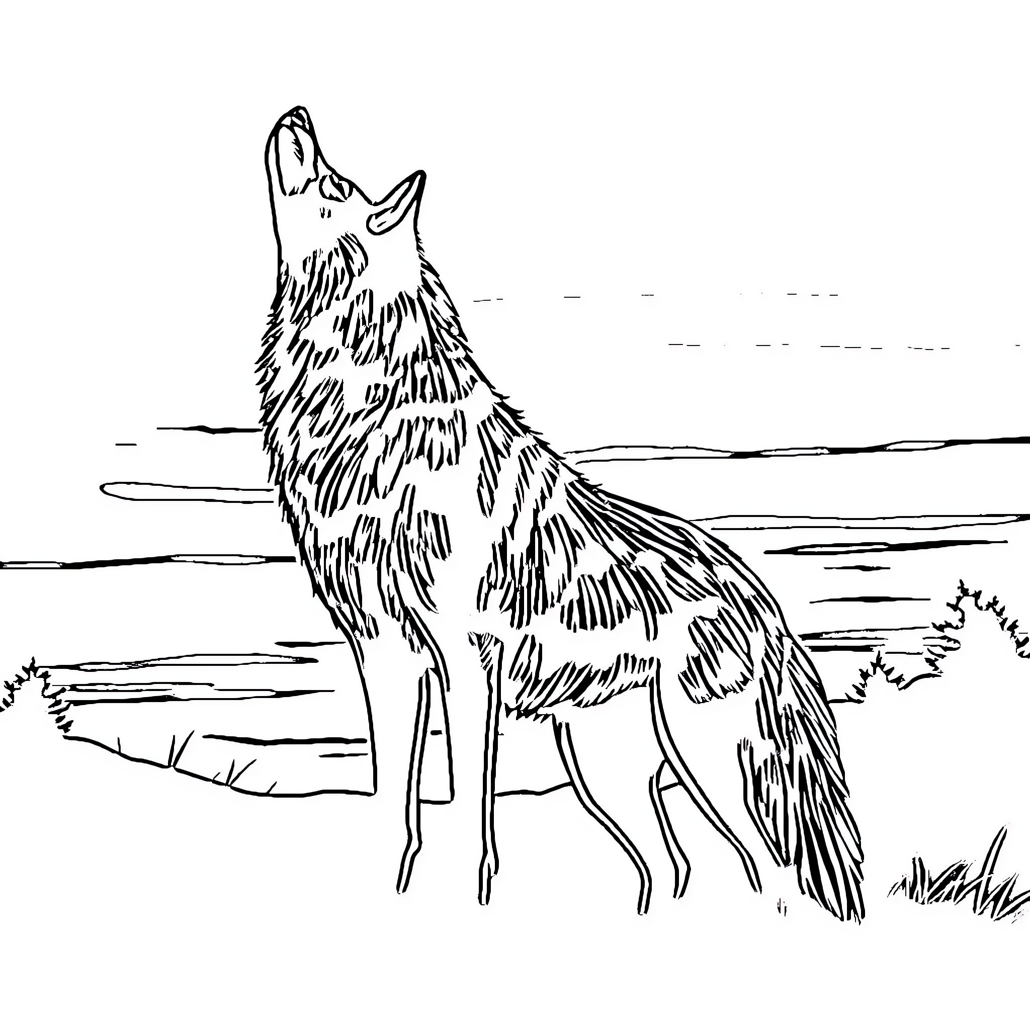 Loup Auzou howling in the wilderness Coloring Page (free black-and-white line drawing printable PDF for all, from beginners to advanced learners, including children, teens, adults, and seniors)