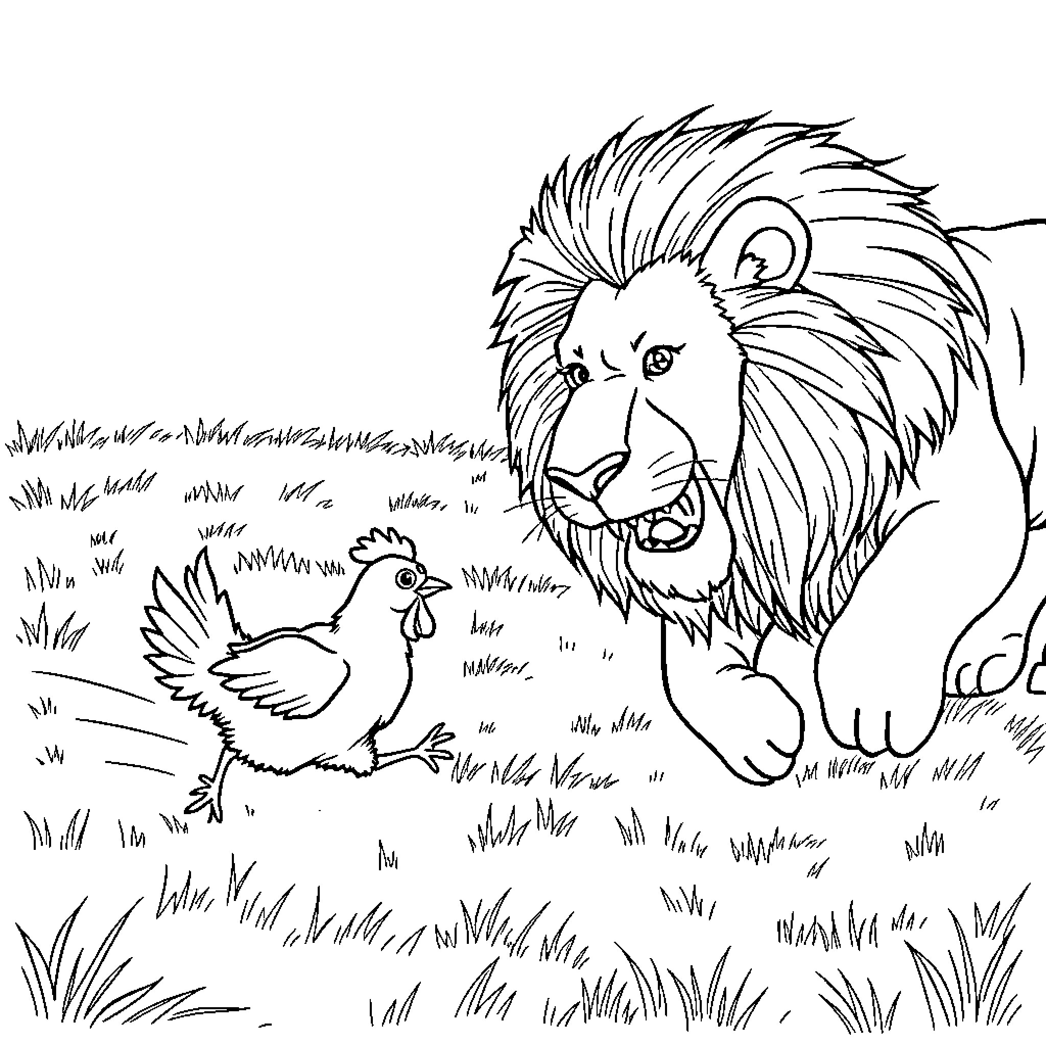 Chicken interacting with a roaring lion in the wild Coloring Page (free black-and-white line drawing printable PDF for all, from beginners to advanced learners, including children, teens, adults, and seniors)