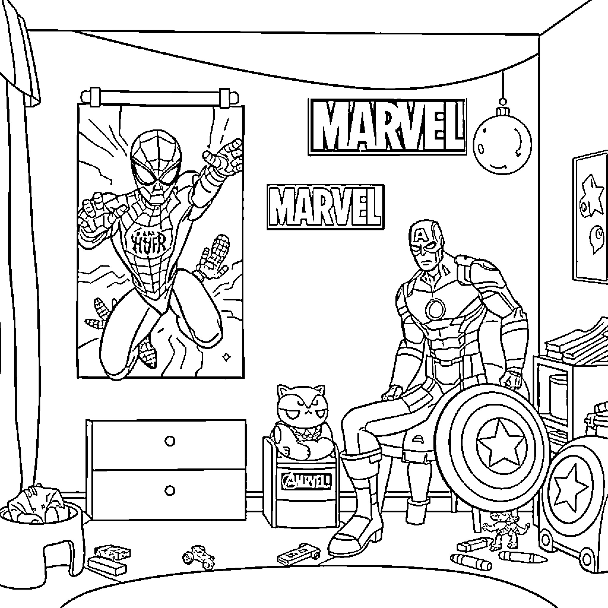 Hero Superheroes in Action-Packed Studio Setup Coloring Page (free black-and-white line drawing printable PDF for all, from beginners to advanced learners, including children, teens, adults, and seniors)