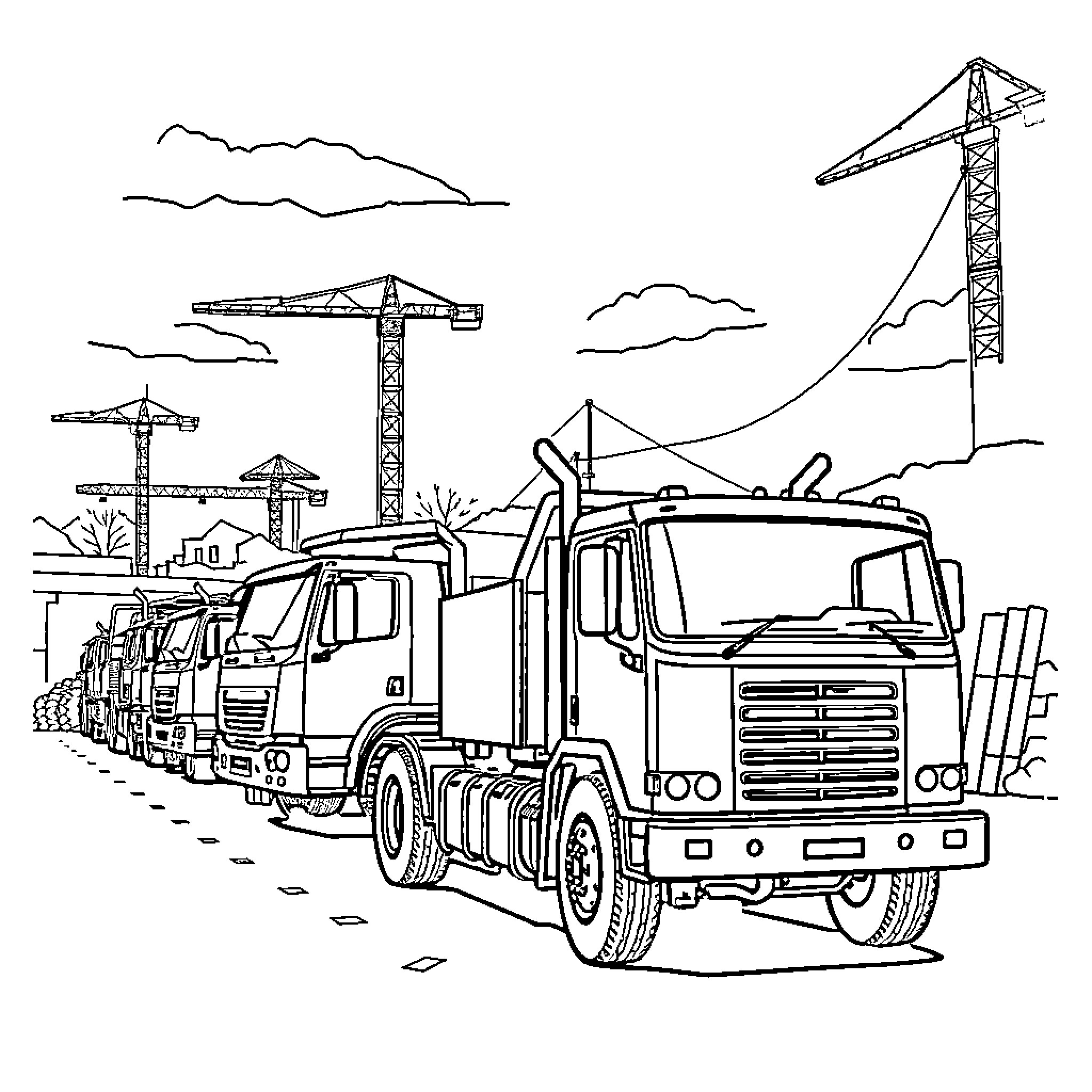 Truck construction site with cranes and vehicles Coloring Page (free black-and-white line drawing printable PDF for all, from beginners to advanced learners, including children, teens, adults, and seniors)