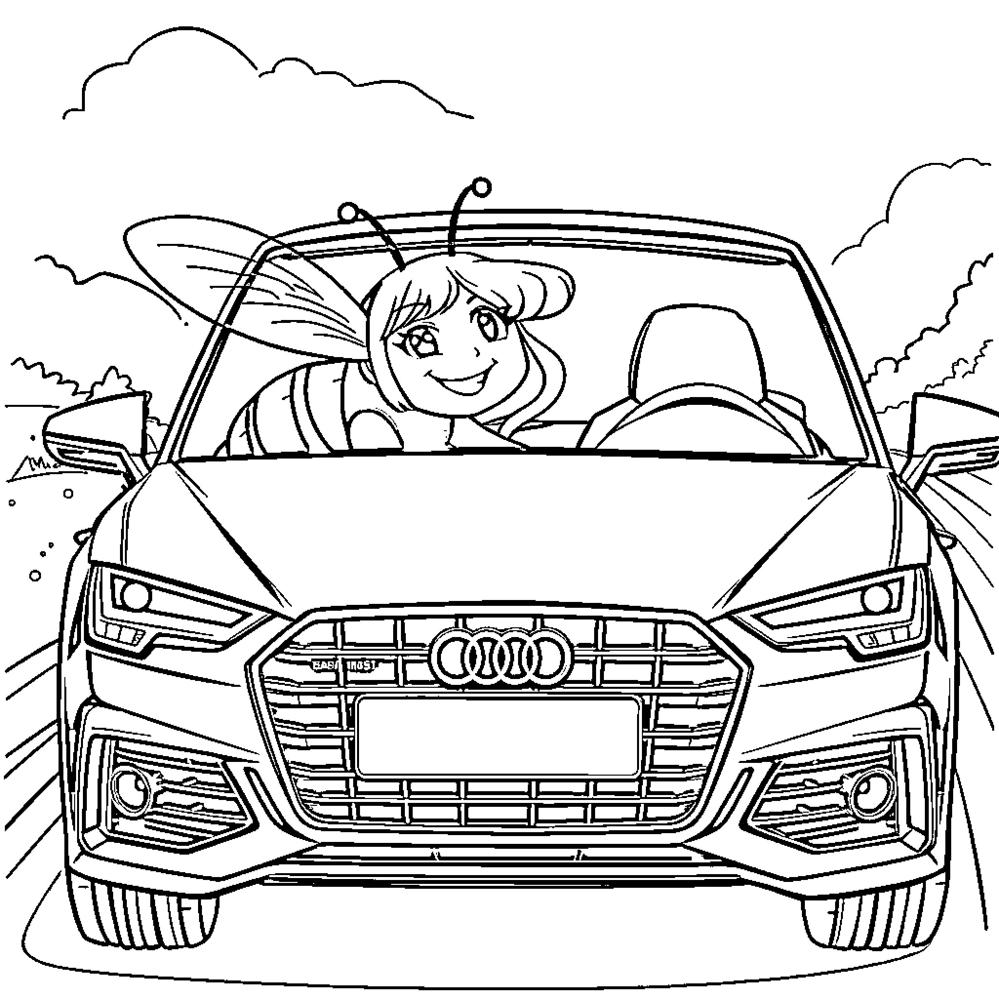 Biene Maja driving a modern car Coloring Page (free black-and-white line drawing printable PDF for all, from beginners to advanced learners, including children, teens, adults, and seniors)