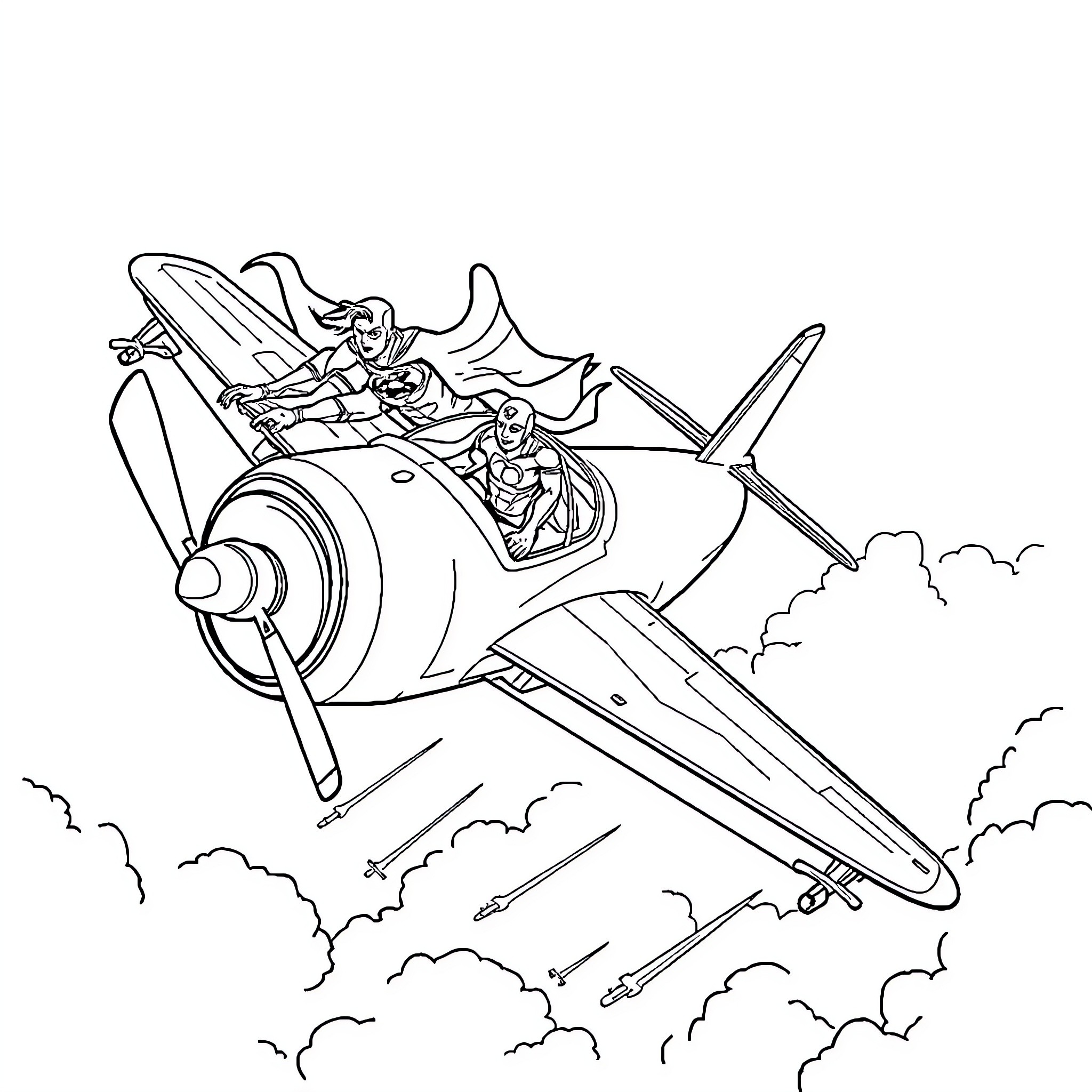 Superhero Plane Taking Flight with Brave Pilots Coloring Page (free black-and-white line drawing printable PDF for all, from beginners to advanced learners, including children, teens, adults, and seniors)