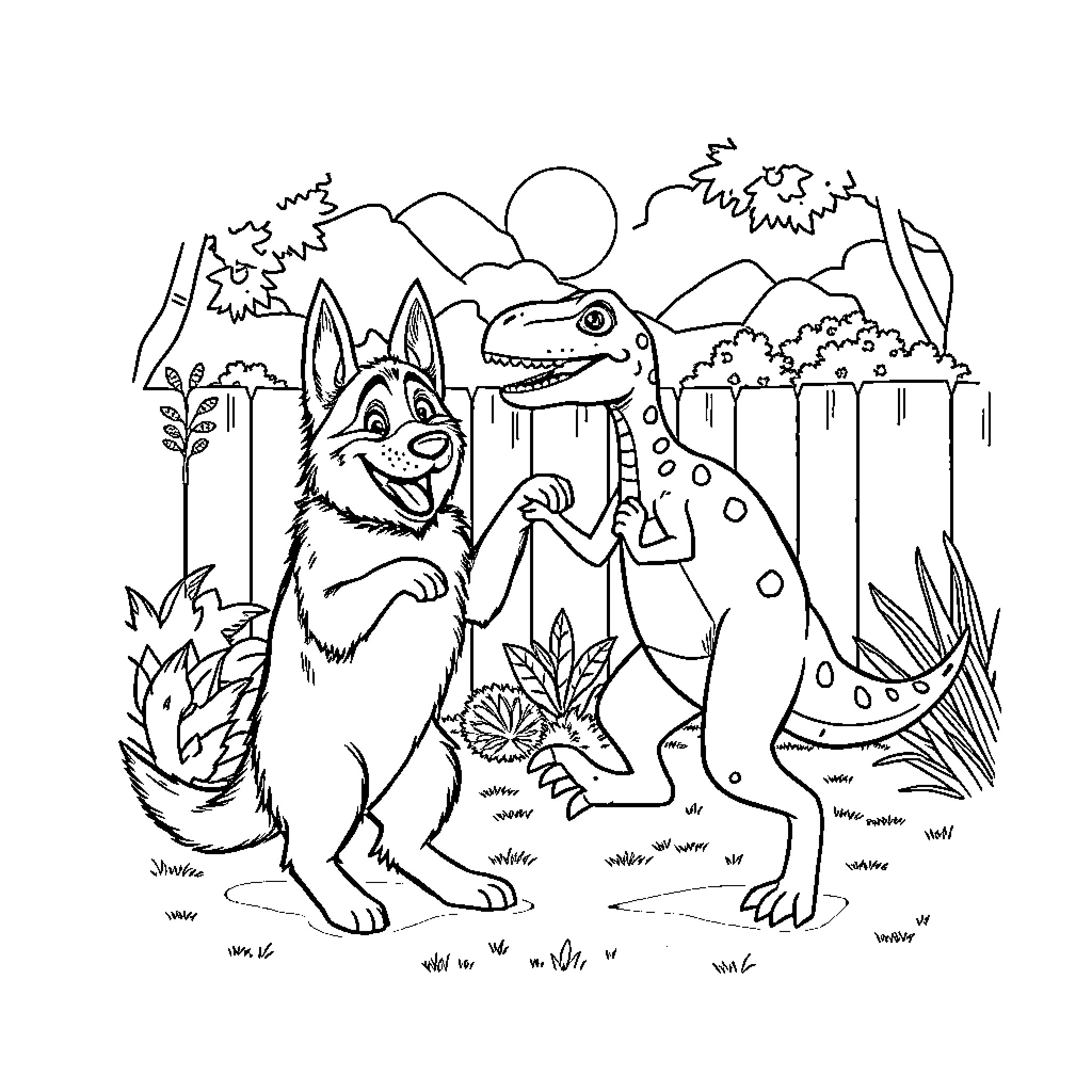 German Shepherd and Spotted Dinosaur Exploring Nature Coloring Page (free black-and-white line drawing printable PDF for all, from beginners to advanced learners, including children, teens, adults, and seniors)