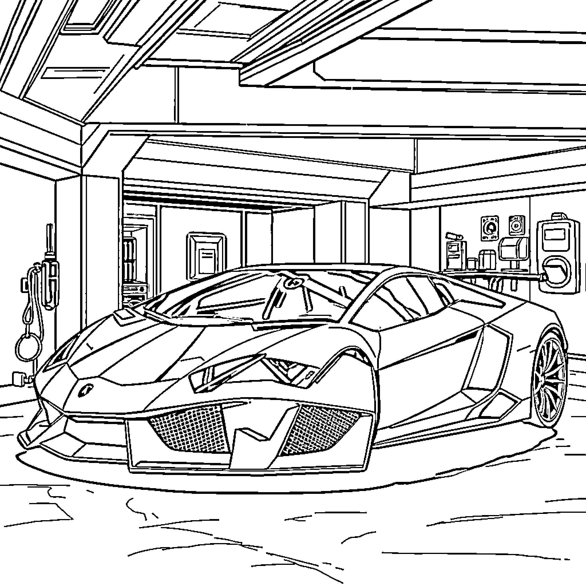 Lamborghini in futuristic garage workshop Coloring Page (free black-and-white line drawing printable PDF for all, from beginners to advanced learners, including children, teens, adults, and seniors)