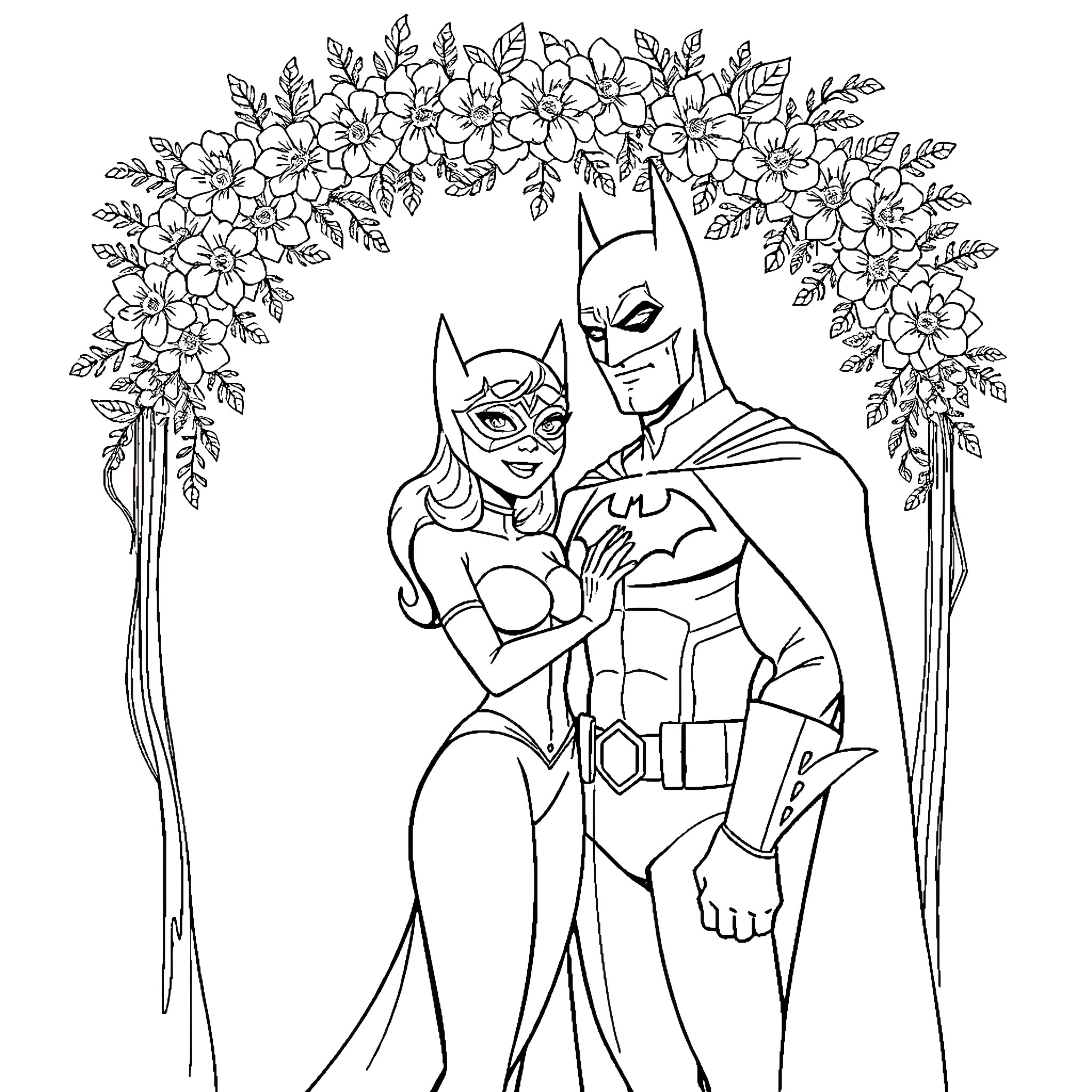 Catwoman and Batman in a floral embrace Coloring Page (free black-and-white line drawing printable PDF for all, from beginners to advanced learners, including children, teens, adults, and seniors)