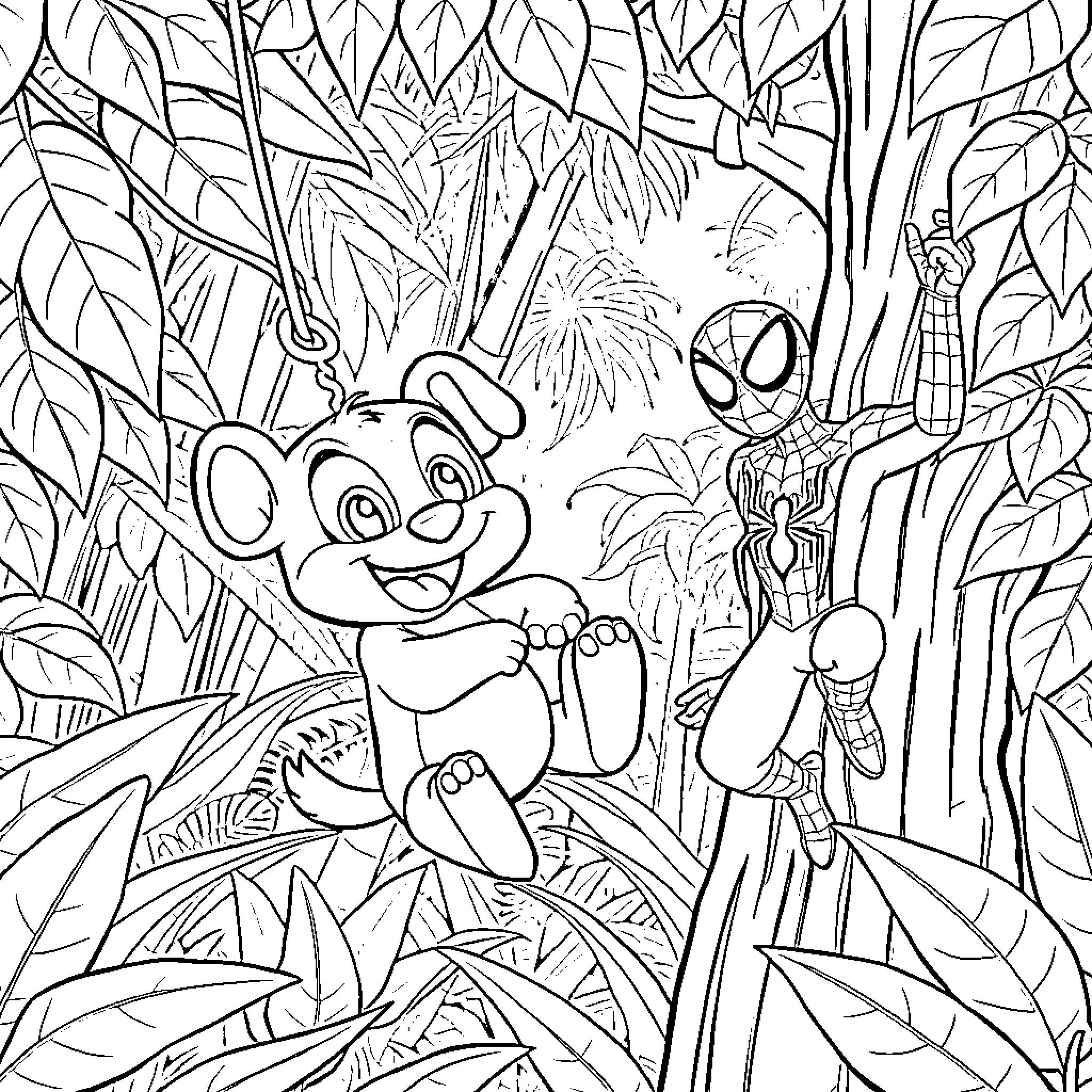Bluey's Jungle Adventure with Spiderman Coloring Page (free black-and-white line drawing printable PDF for all, from beginners to advanced learners, including children, teens, adults, and seniors)