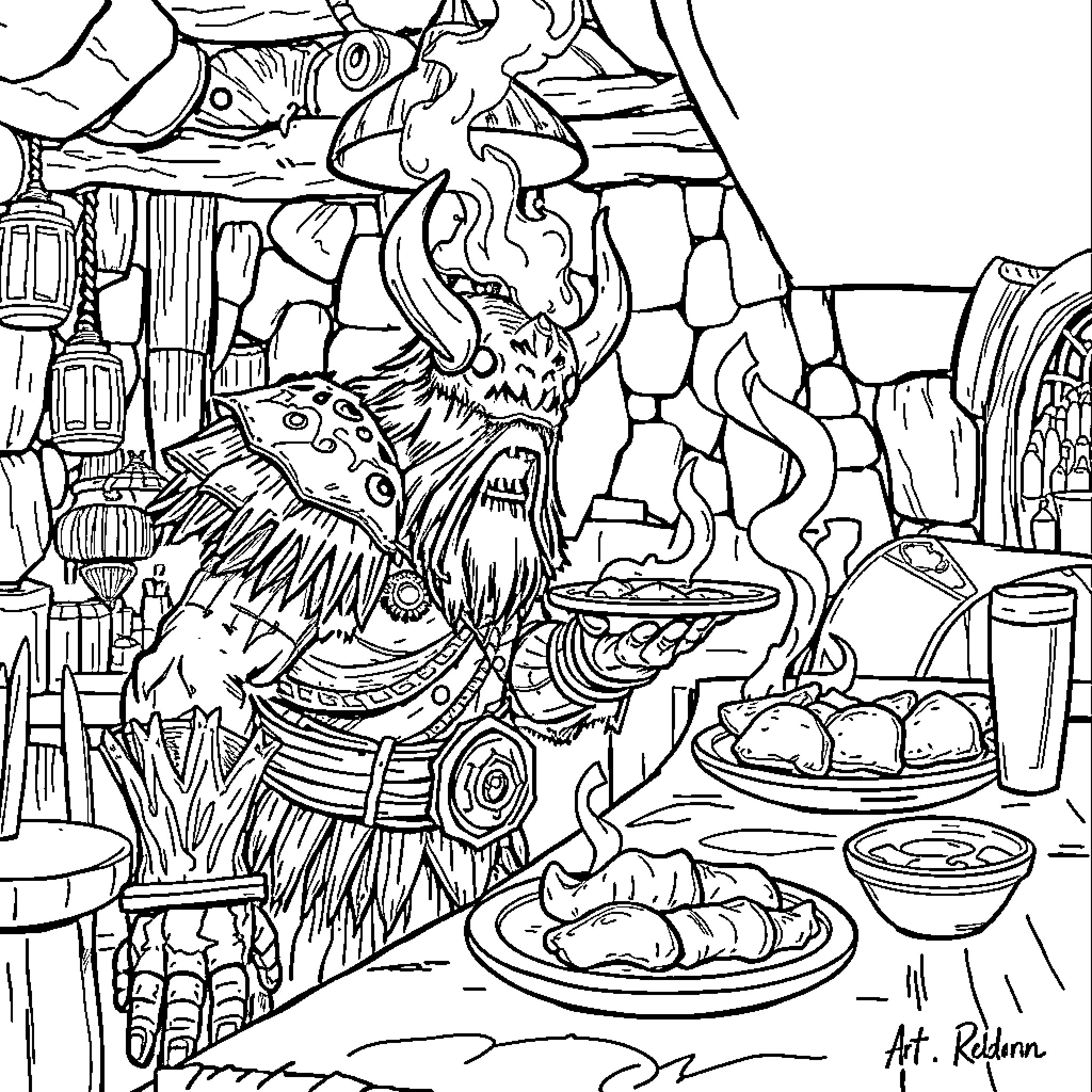 Uruk-hai feasting on a bountiful meal Coloring Page (free black-and-white line drawing printable PDF for all, from beginners to advanced learners, including children, teens, adults, and seniors)