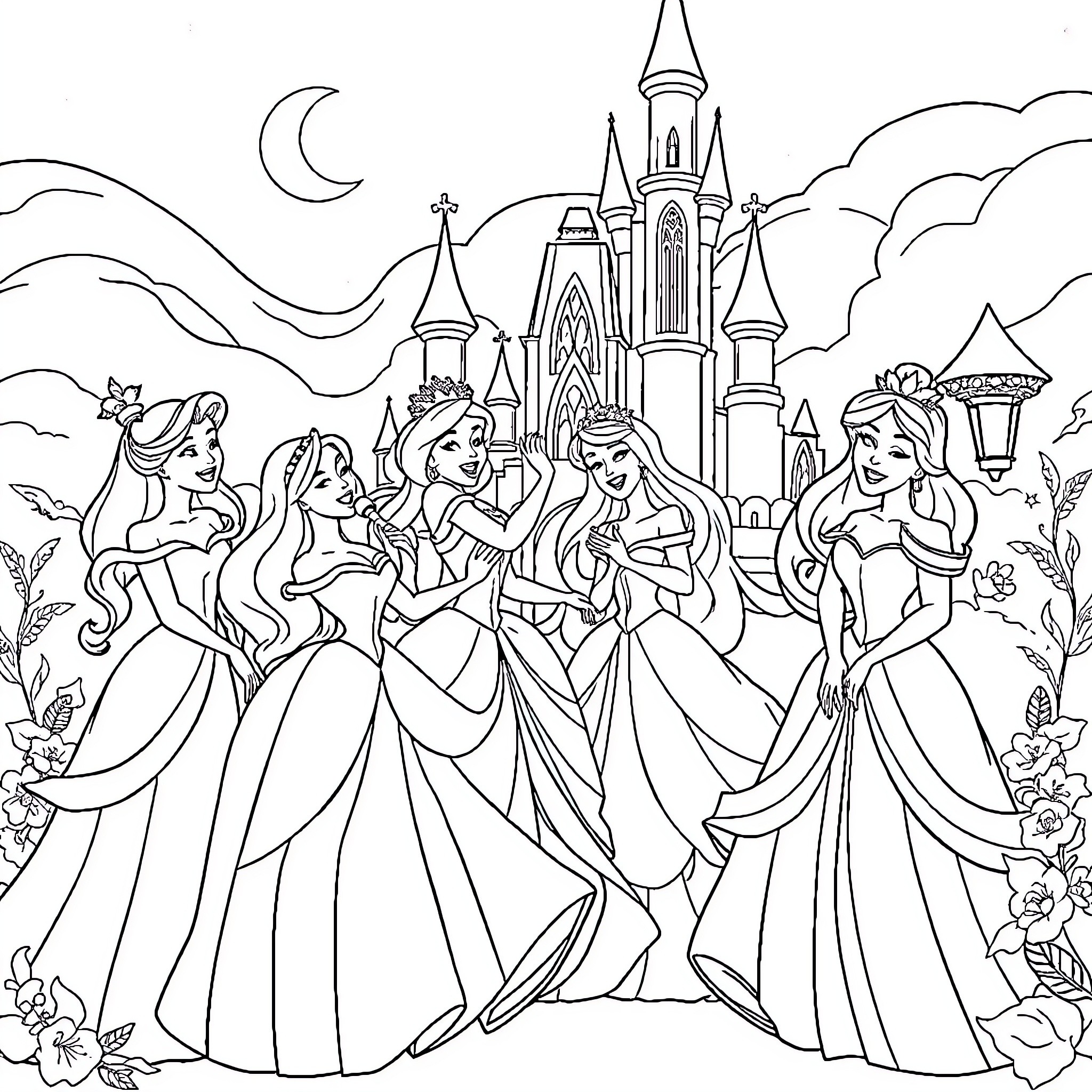 Princess Celebration at the Royal Castle Coloring Page (free black-and-white line drawing printable PDF for all, from beginners to advanced learners, including children, teens, adults, and seniors)