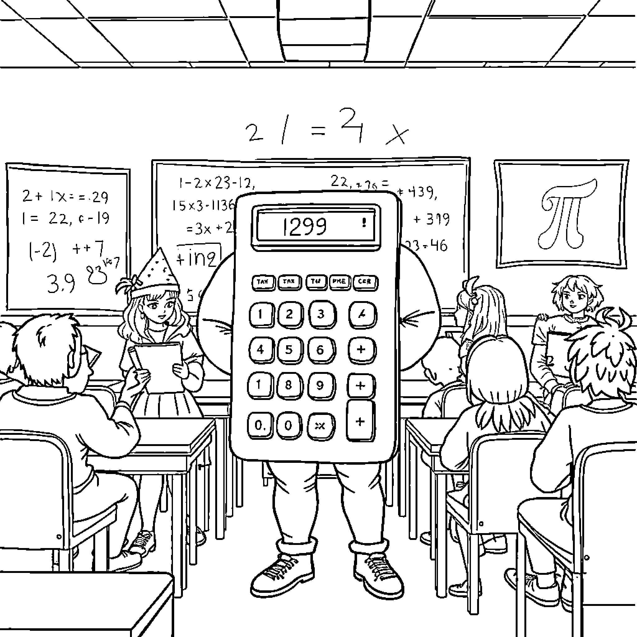Pun Costume: Math Teacher Calculates in Classroom Coloring Page (free black-and-white line drawing printable PDF for all, from beginners to advanced learners, including children, teens, adults, and seniors)